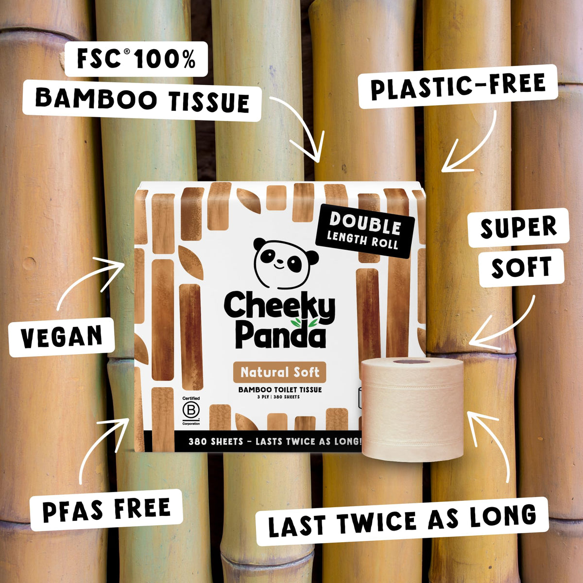 The Cheeky Panda Unbleached Bamboo Toilet Paper - 48 Rolls, 380 Sheets