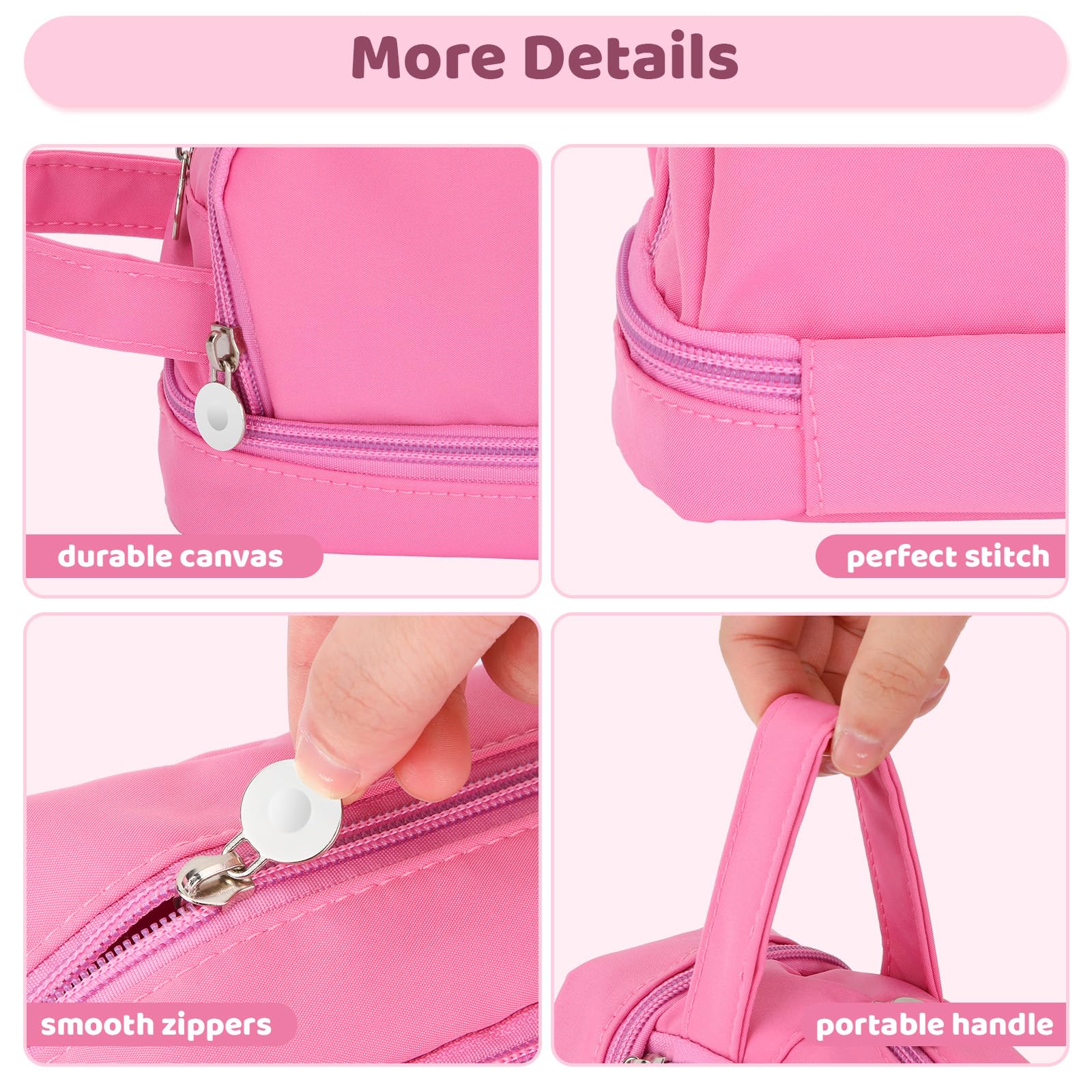 Alyvisun Large Capacity Pencil Case - 3 Compartments, Pink Canvas, Zipper Closure | One Size 4