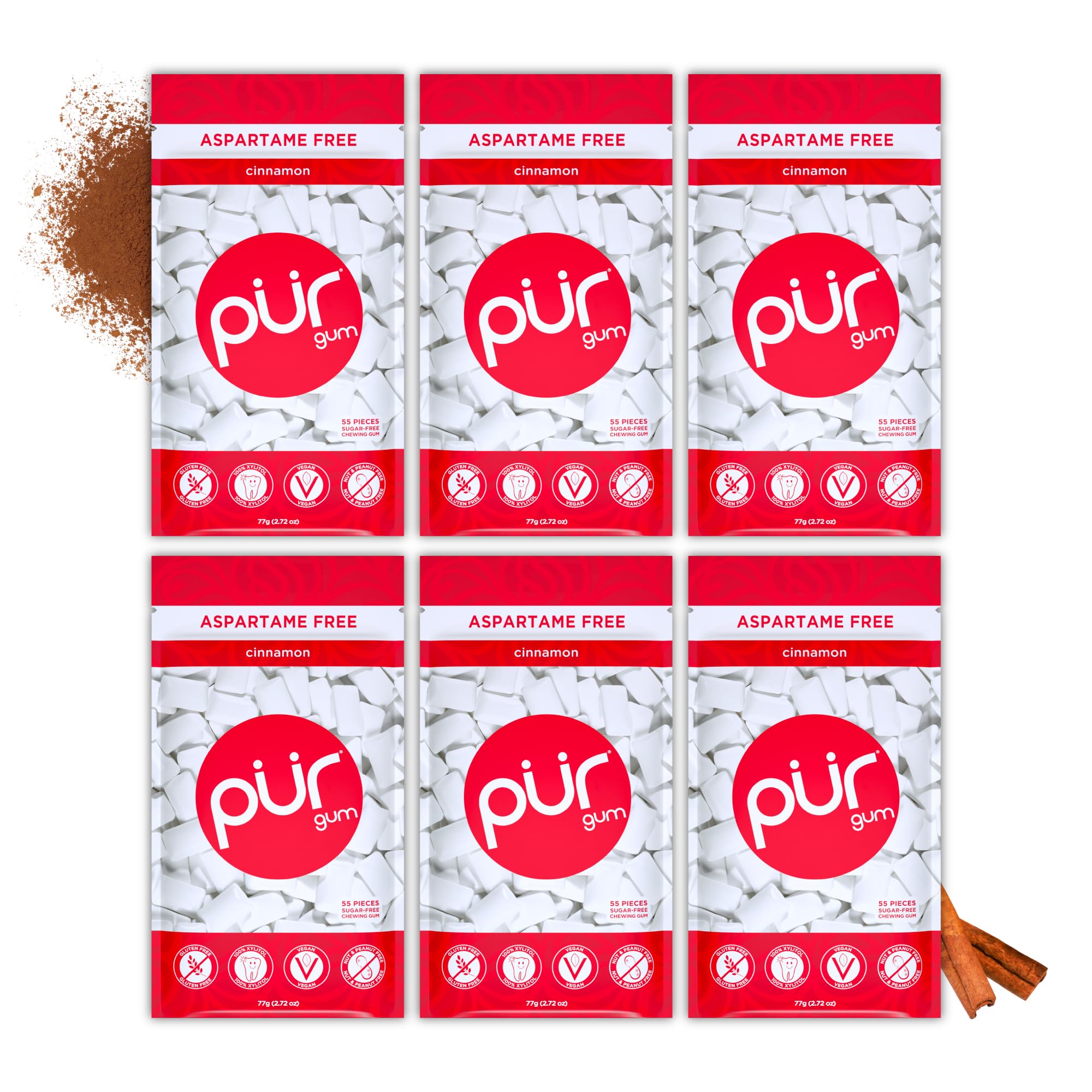 PUR Gum Sugar Free Chewing Gum - Natural Cinnamon Flavor, Xylitol Sweetened, 6 Pack of 55 Tablets