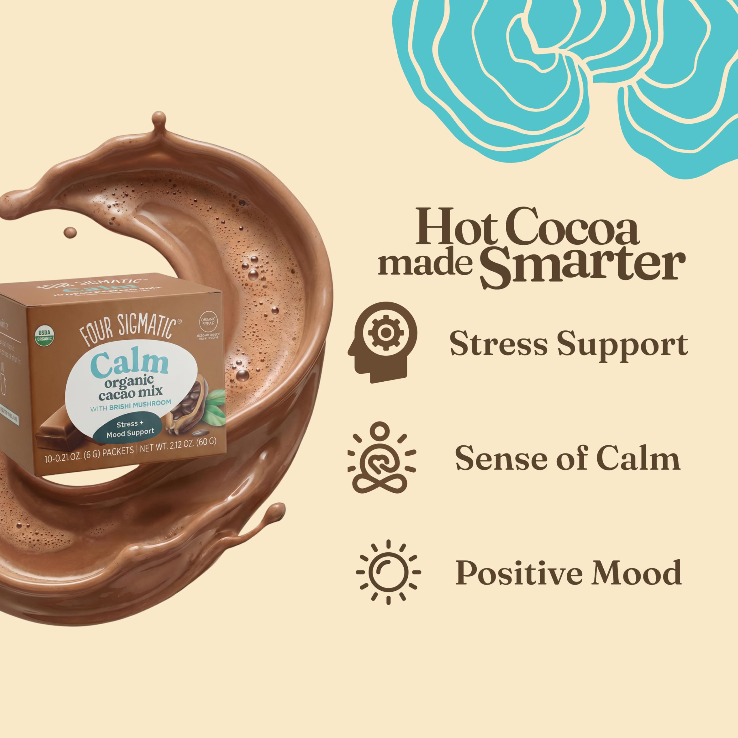 Four Sigmatic Calm Mushroom Cacao Mix with Reishi - Organic, Vegan, Gluten Free | 10 Servings (6g Each)