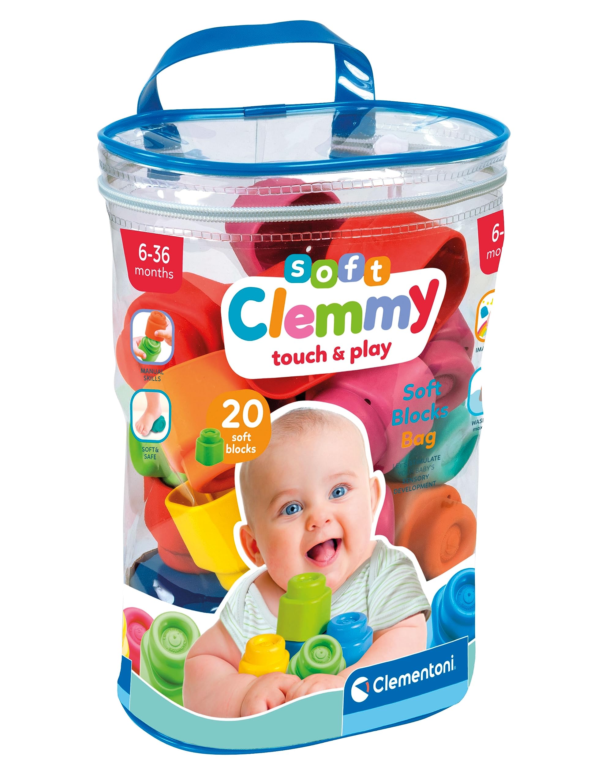 Clementoni Baby Soft Blocks - 20-Piece Ultra-Soft Building Set for Babies 6M+