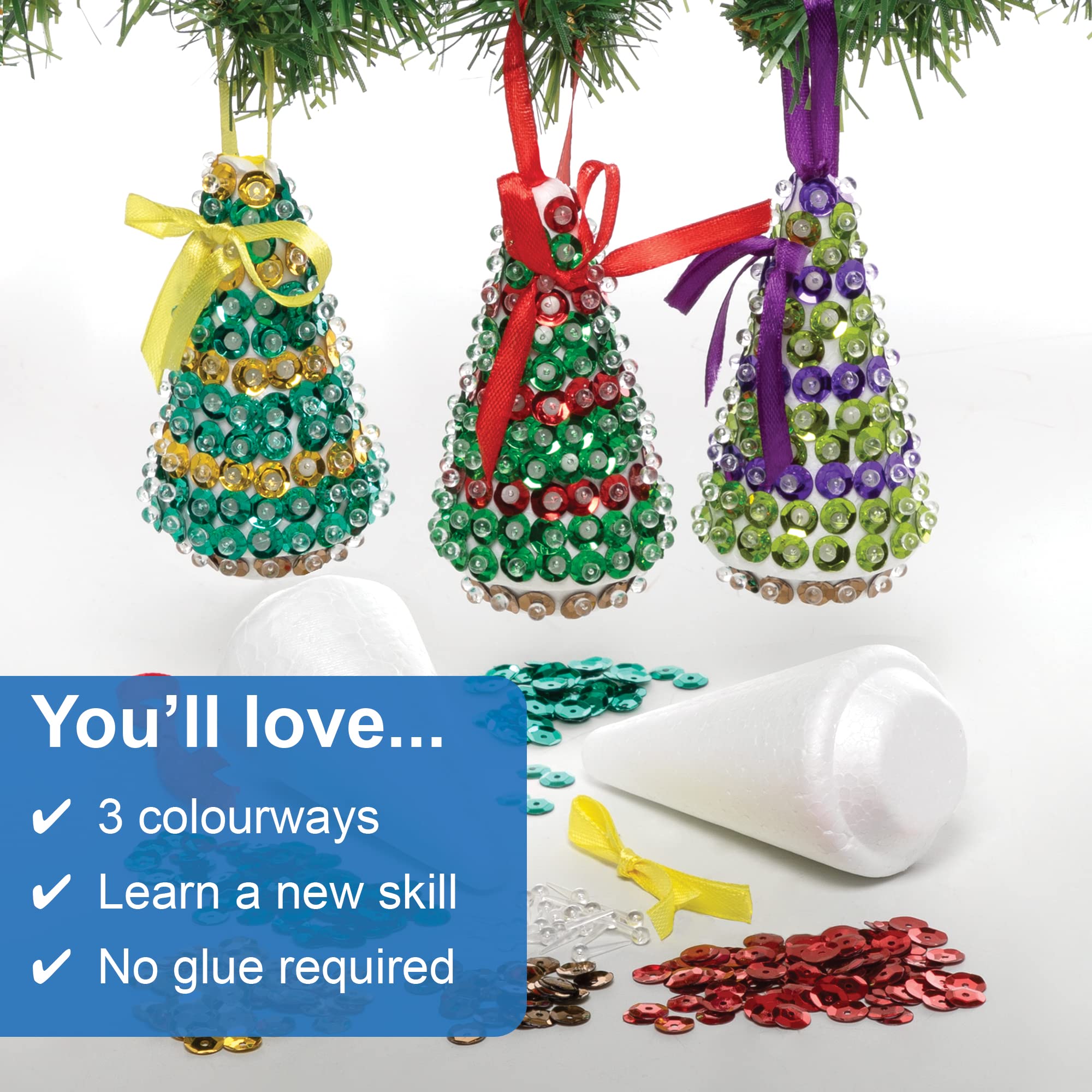 Baker Ross Christmas Tree Sequin Decoration Kits – Pack of 3, Make Your Own Craft Activity 8