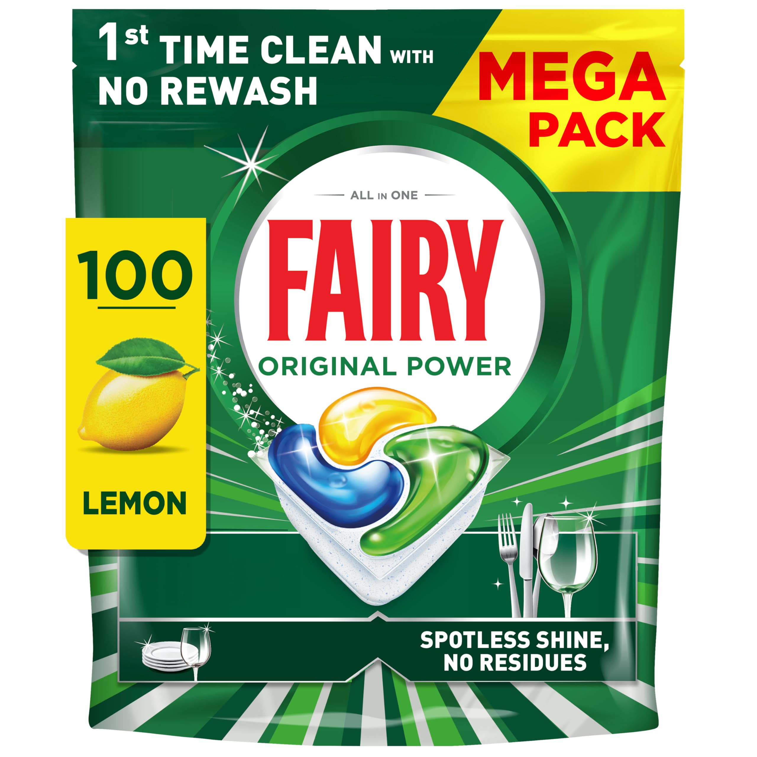Fairy Original Power Dishwasher Tablets Lemon, 100 Count, 1st Time Clean 1