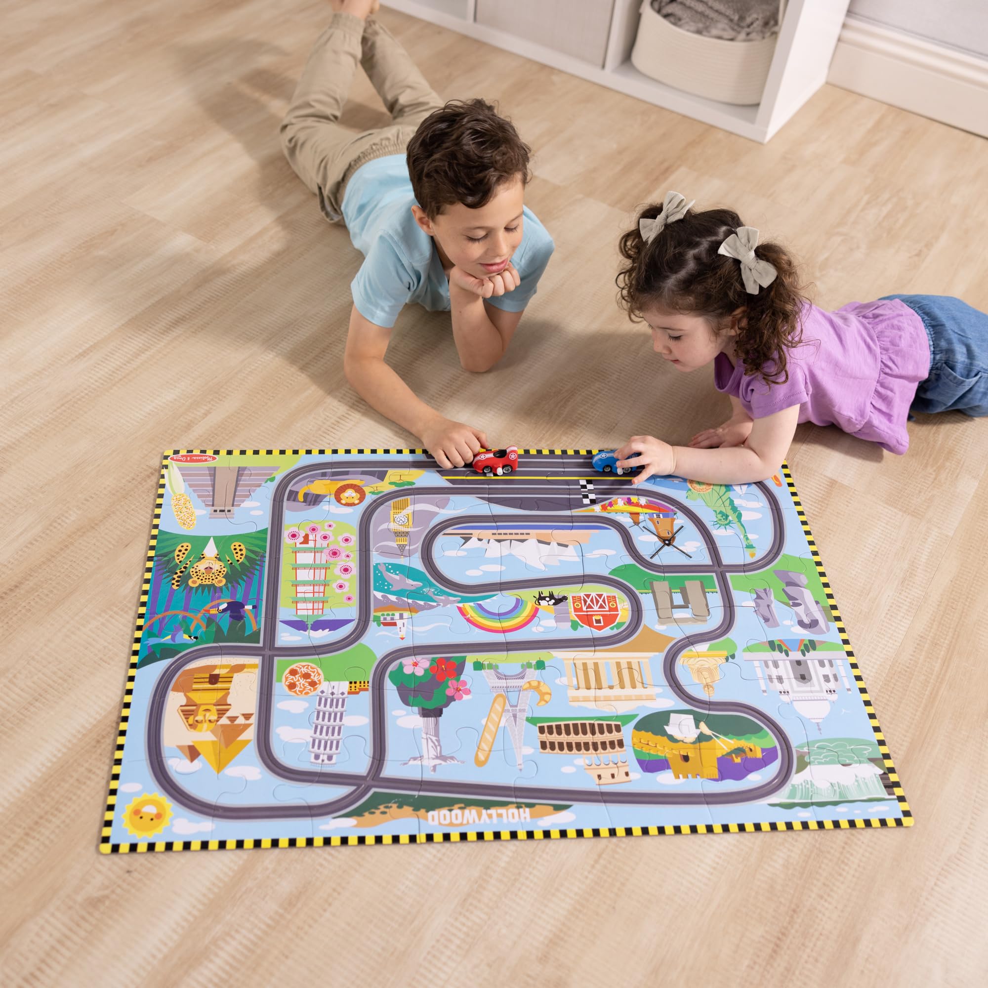 Melissa & Doug Race Around the World Floor Puzzle with 2 Wind-Up Vehicles | Age 3+ | 48 Pieces