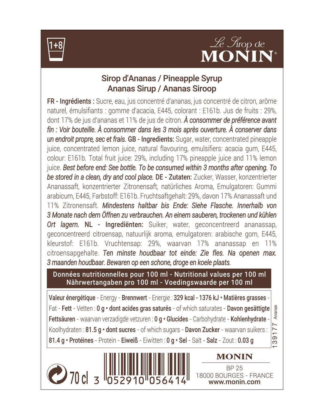 MONIN Pineapple Syrup 700ml - Vegan, Allergen-Free, Natural Flavouring for Cocktails & Mocktails