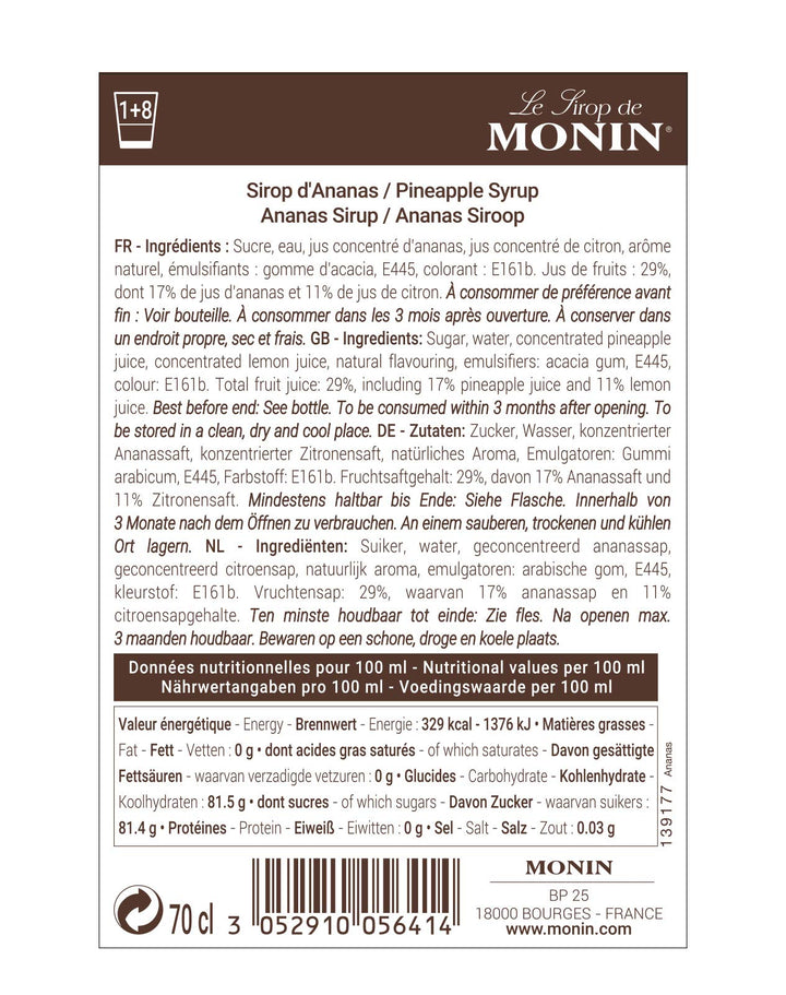 MONIN Pineapple Syrup 700ml - Vegan, Allergen-Free, Natural Flavouring for Cocktails & Mocktails
