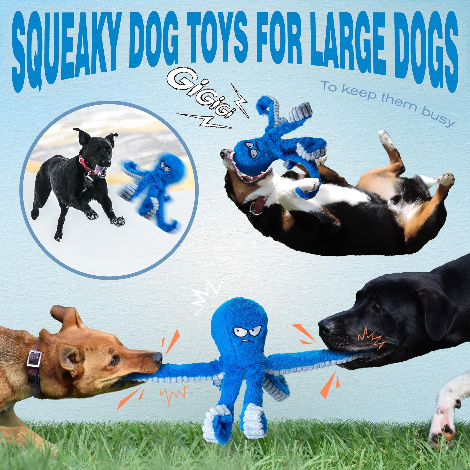 LEGEND SANDY Tough Squeak Dog Toy - Heavy Duty, Waterproof Lining, Blue Octopus for Aggressive Chewers 6