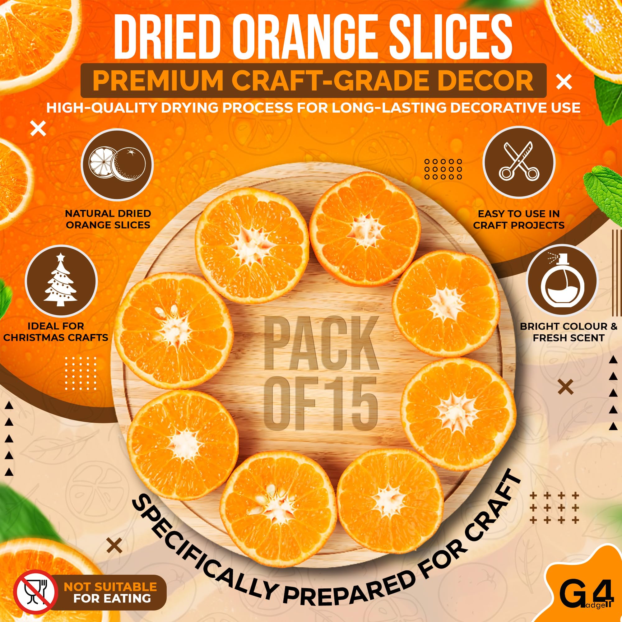 G4GADGET Dried Orange Slices - Approx. 15 Slices | 4-5cm Diameter | For Decoration Only
