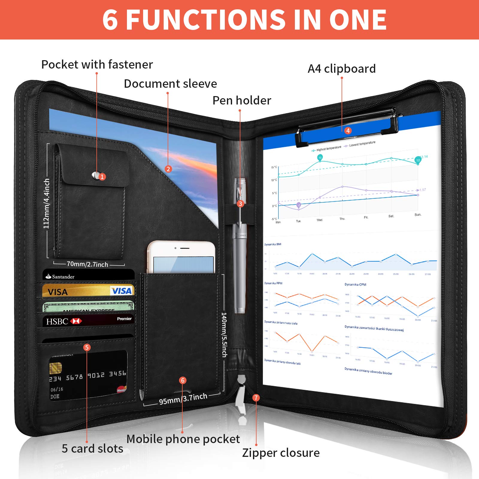 NEWYES Leather Zipper Conference Folder - A4 Size, Black PU Leather, Waterproof | 5 Card Slots