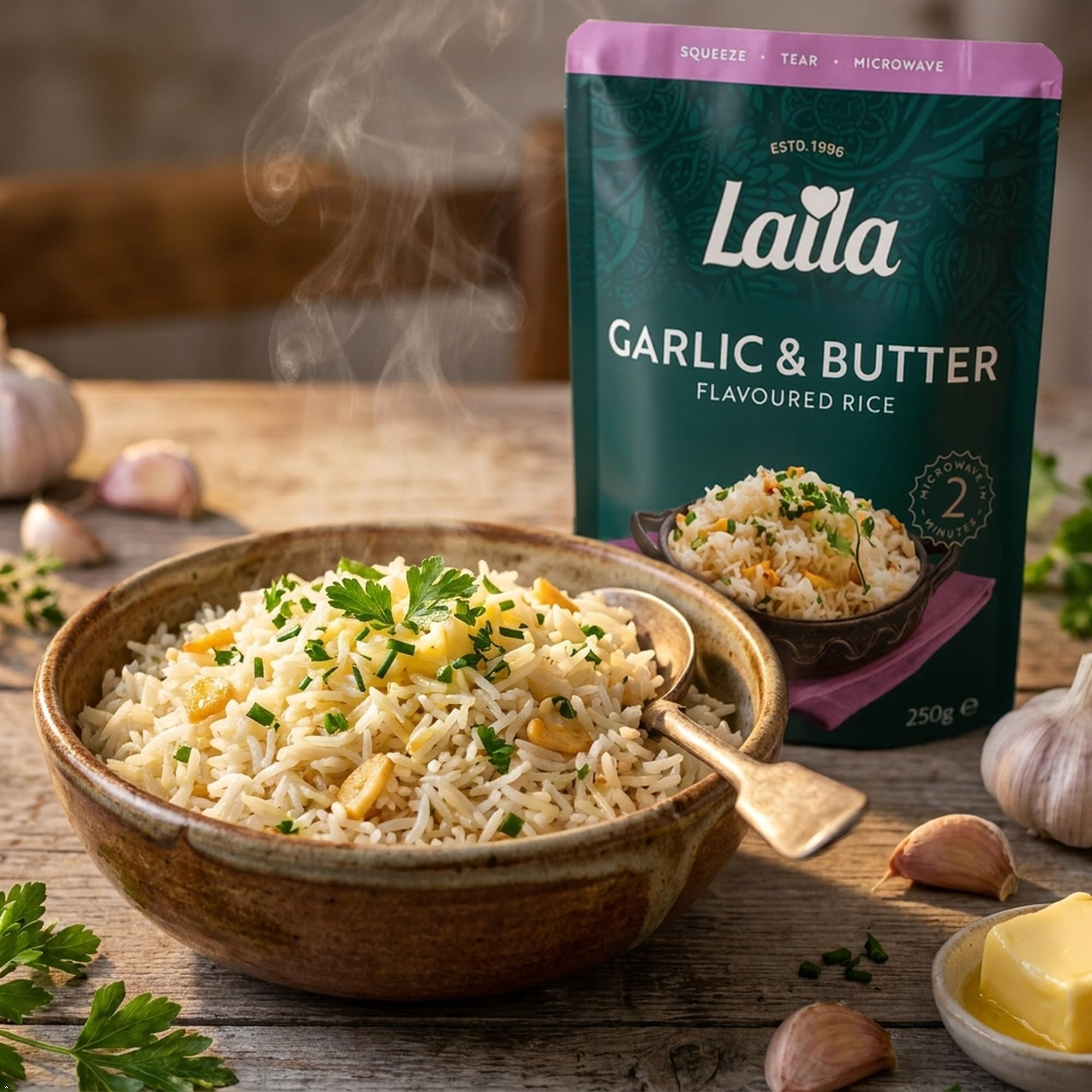 Laila Garlic & Butter Microwave Rice - 6 x 250g Packs | Ready in 2 Minutes 5