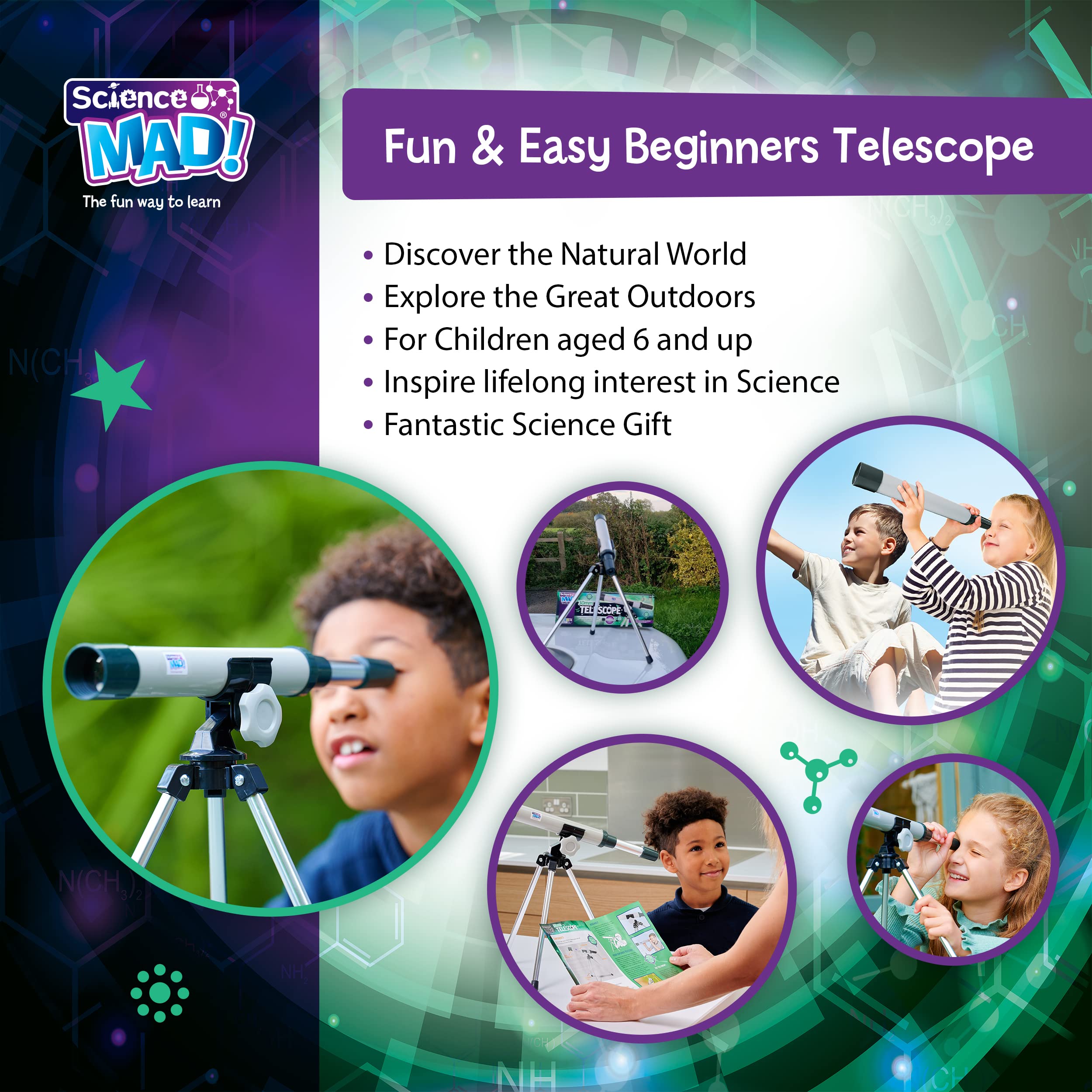 Science Mad 30mm Telescope - 15x Magnification | Ages 6+ | Includes Tripod
