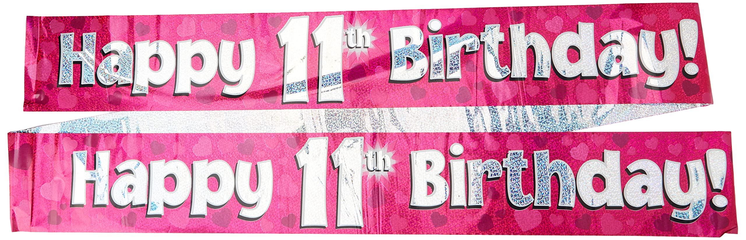 OakTree Happy 11th Birthday Banner - 9ft Pink Holographic Fabric Decoration