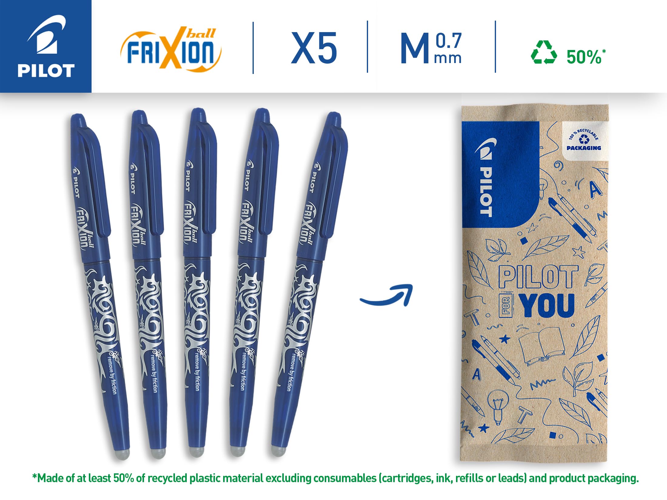 PILOT FriXion Ball Erasable Rollerball Pen - Medium 0.7mm Tip, Blue Ink | Pack of 5