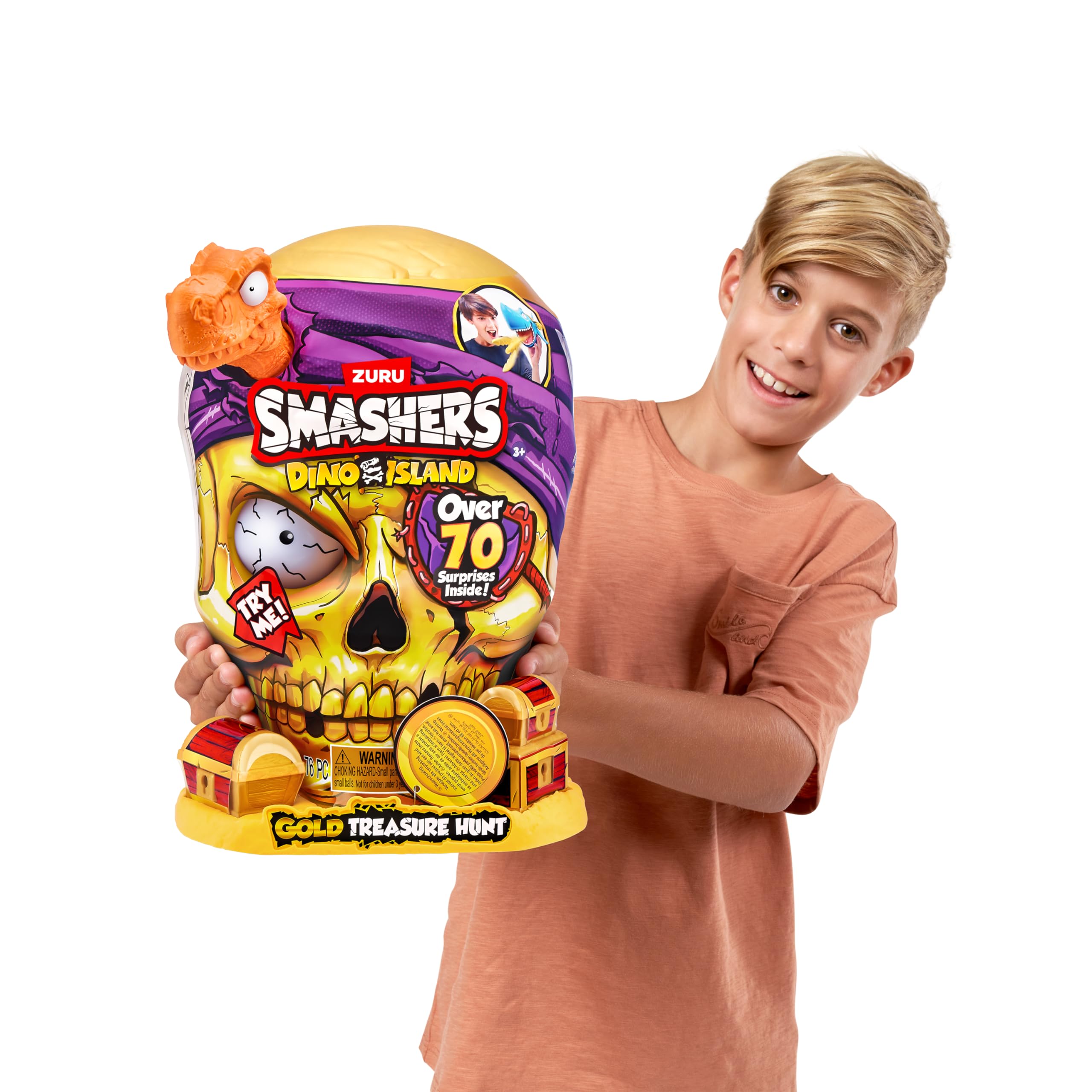 ZURU SMASHERS Dino Island Gold Treasure Hunt - Orange Dinosaur Skull Playset for Kids 7