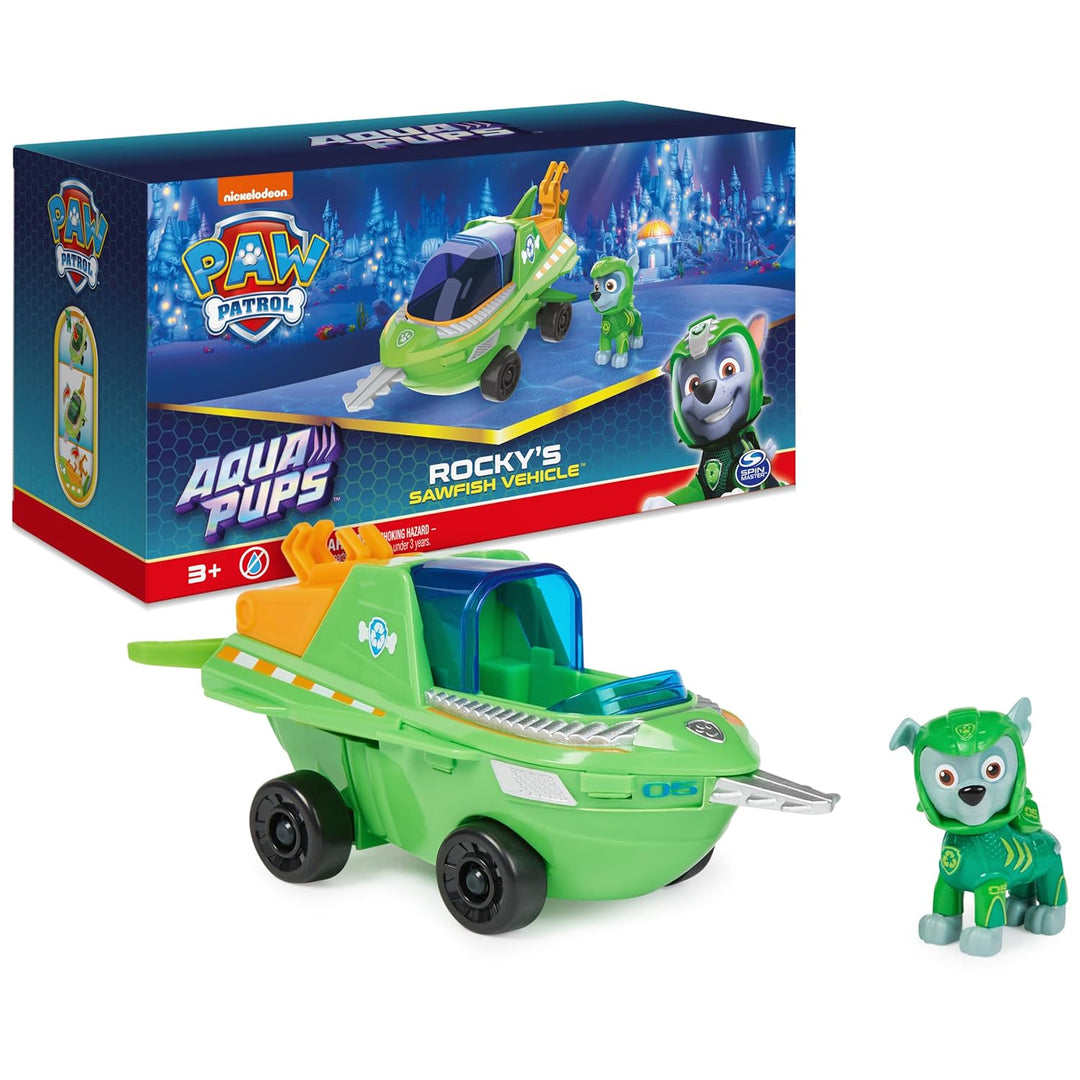 Paw Patrol Aqua Pups Rocky Transforming Sawfish Vehicle with Collectible Action Figure