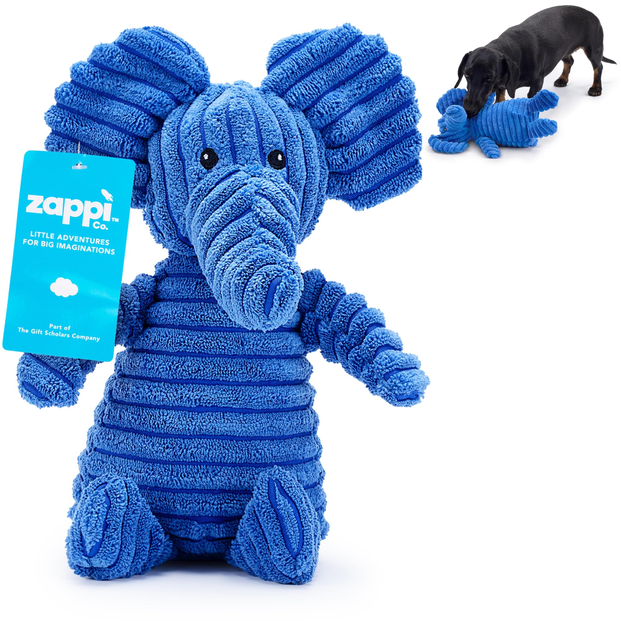 Zappi Co Blue Elephant Plush Dog Toy with Squeaker - Small/Medium Dogs, Corduroy, Non-Toxic Stuffing
