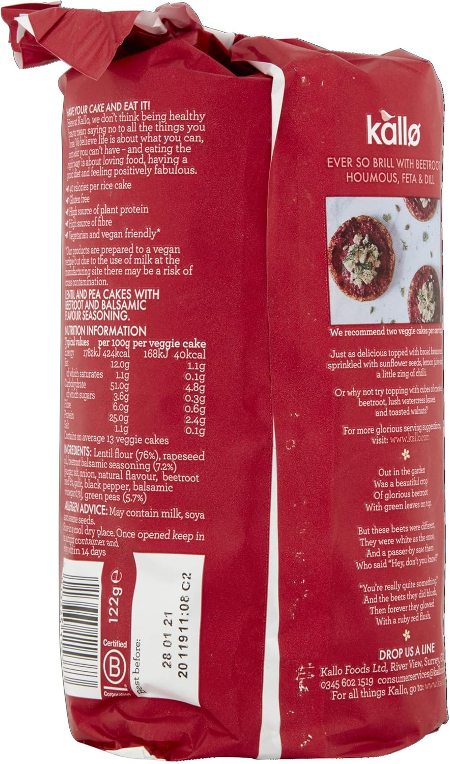 Kallo Beetroot & Balsamic Veggie Cakes, Lentil & Pea Puffed Crackers – 122g 4