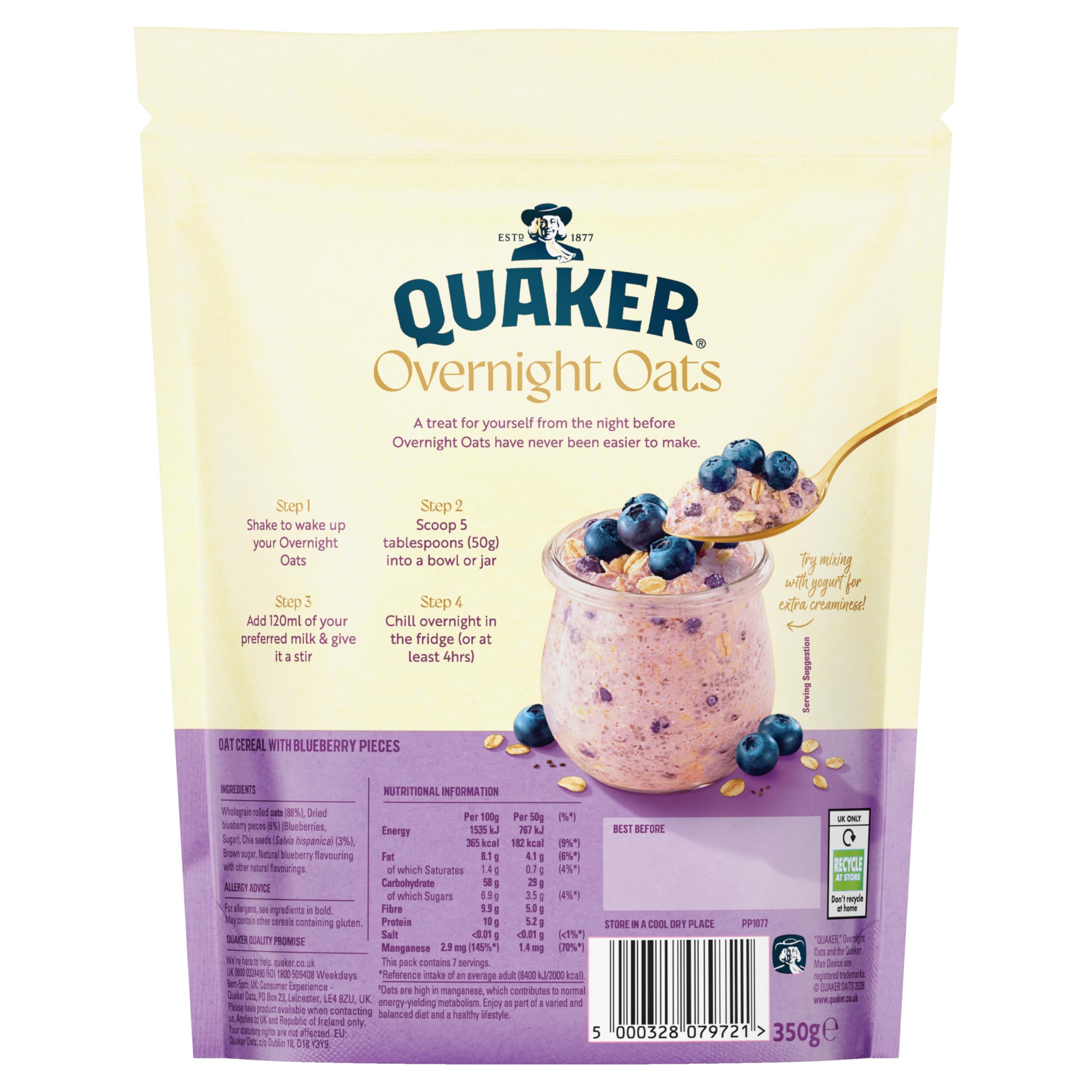 Quaker Overnight Oats Blueberry Cereal - Source of Fibre | Natural Energy Release | 350g 2