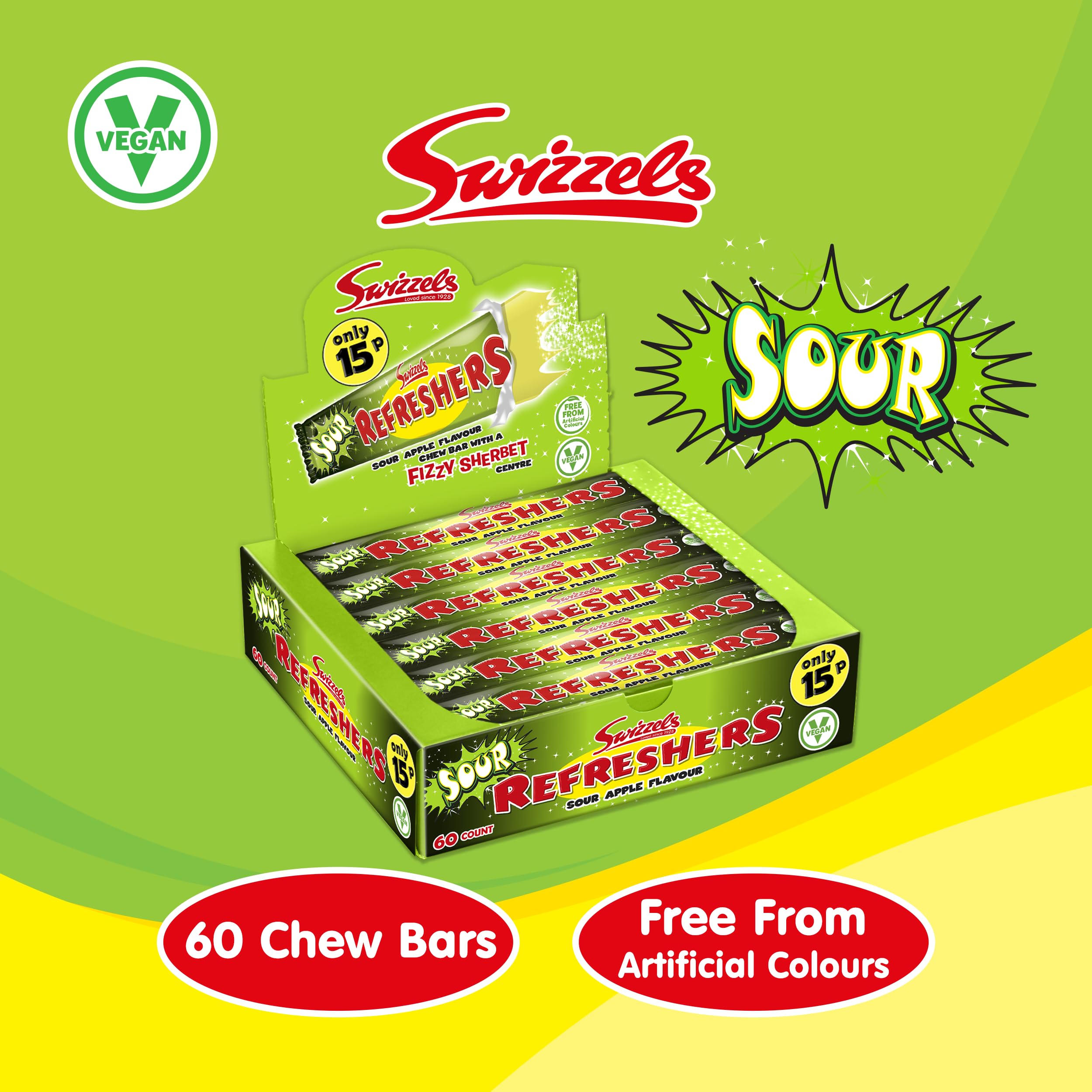 Swizzels Refreshers Sour Apple Chew Bars - Fizzy Sherbet Centre | 60 Count Pack