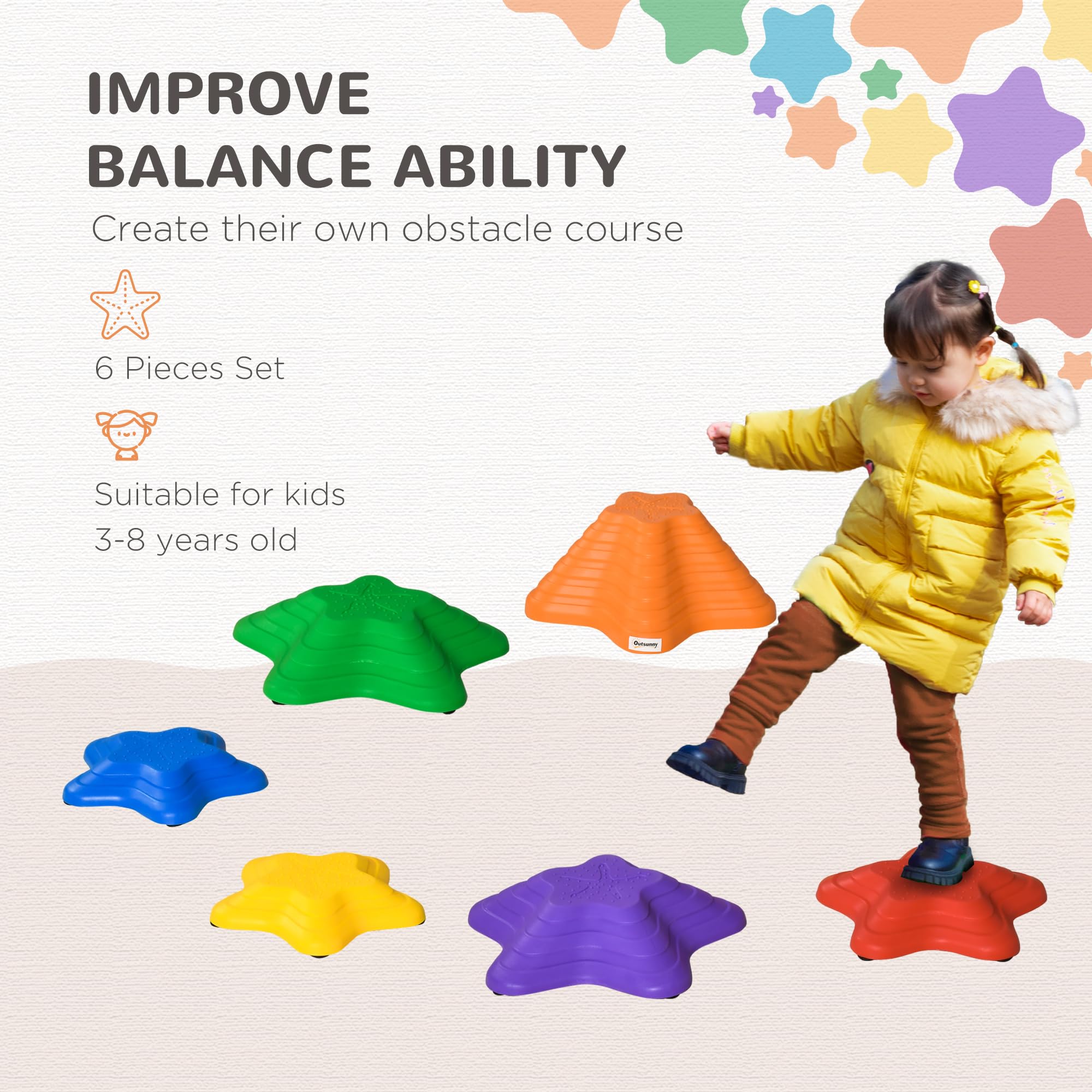 Outsunny Balance Stepping Stones Kids - 6-Piece Starfish Style | Ages 3-8 | Max 80kg 6