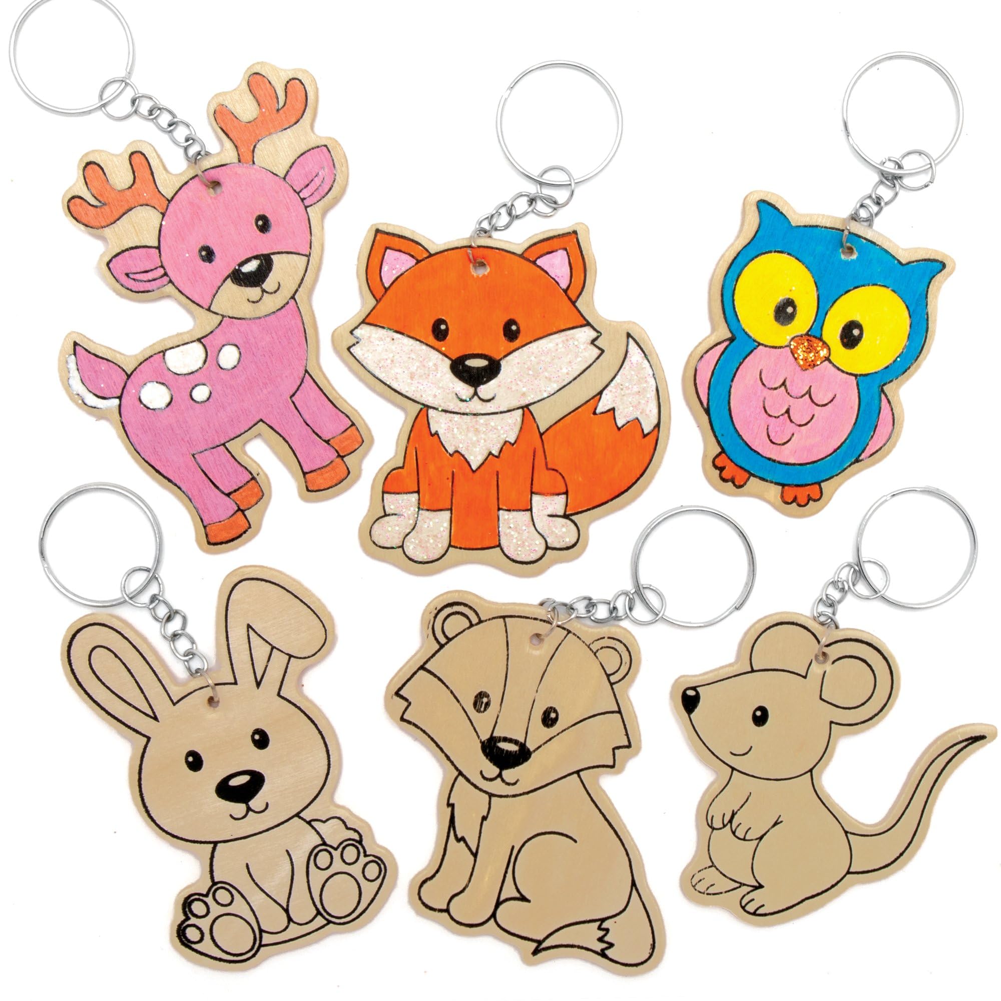 Baker Ross Woodland Animal Wooden Keyrings - Pack of 10 | Colour-In Craft Kit | 4.5cm-8cm 1