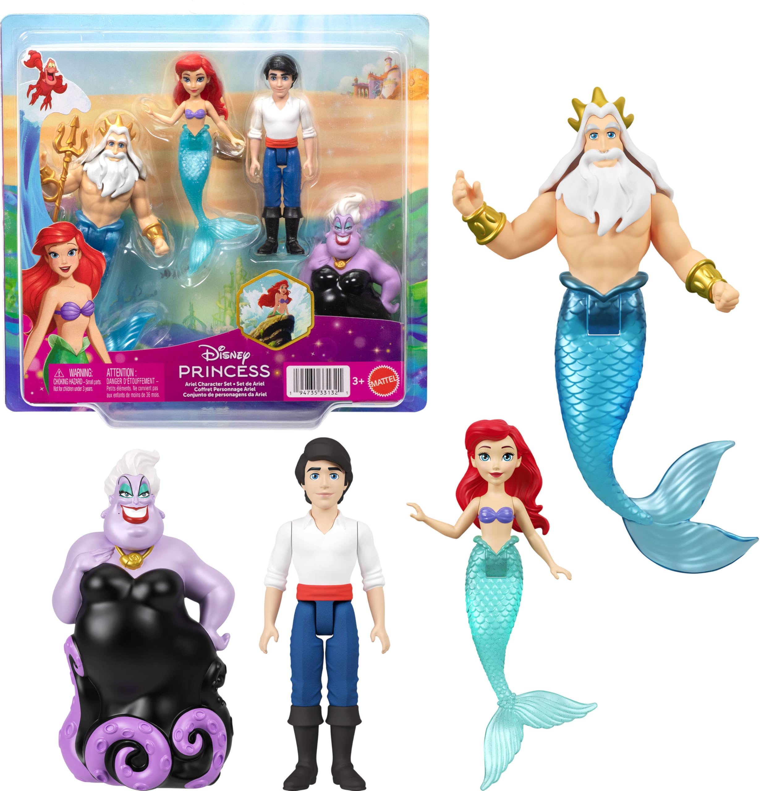 Mattel Disney Princess The Little Mermaid Small Doll 4-Pack with Ariel, Eric, Triton & Ursula | 3.5-inch