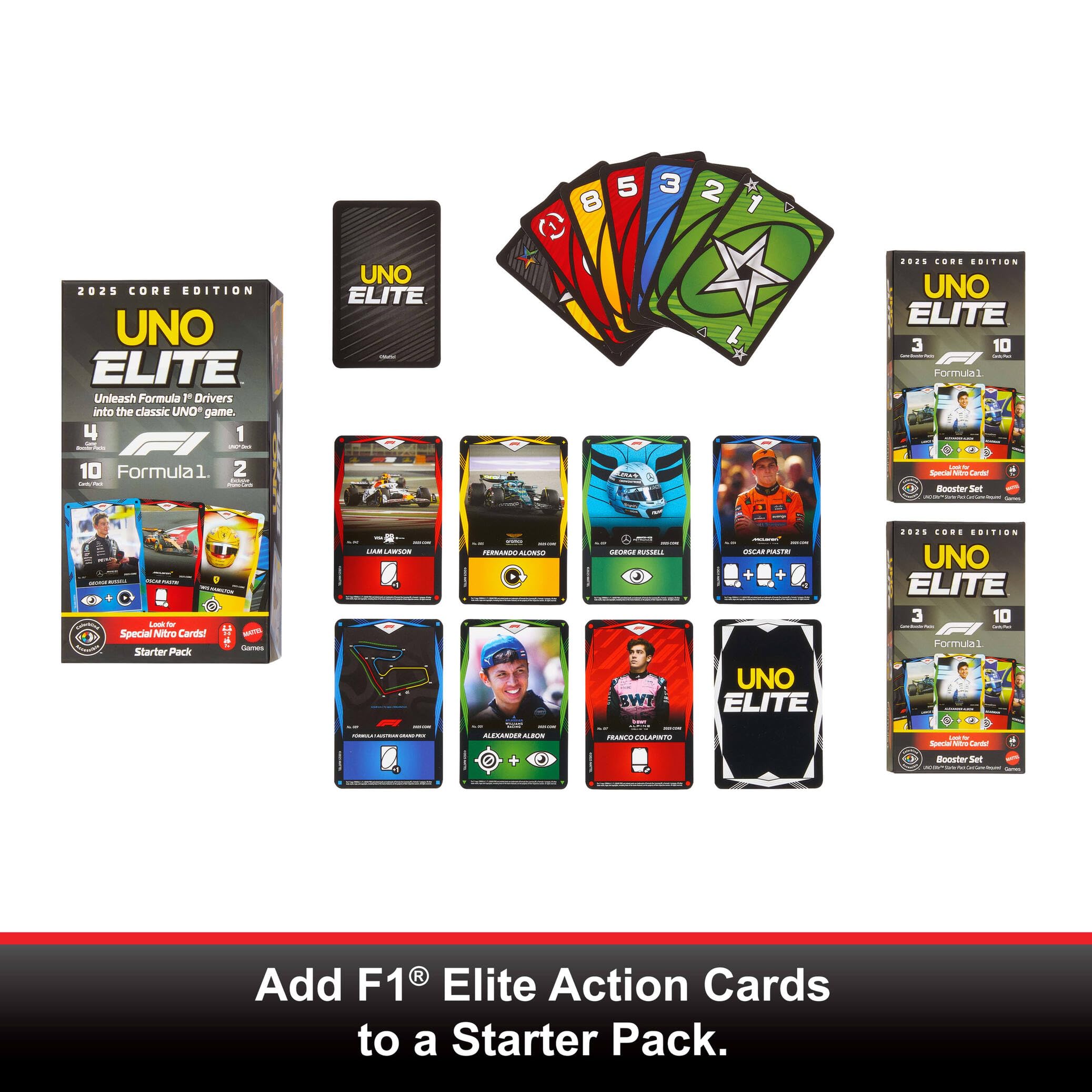 Mattel Games UNO Elite Formula 1 Booster Set 2 Pack with 60 Elite Action Cards, 2025 Core Edition 2
