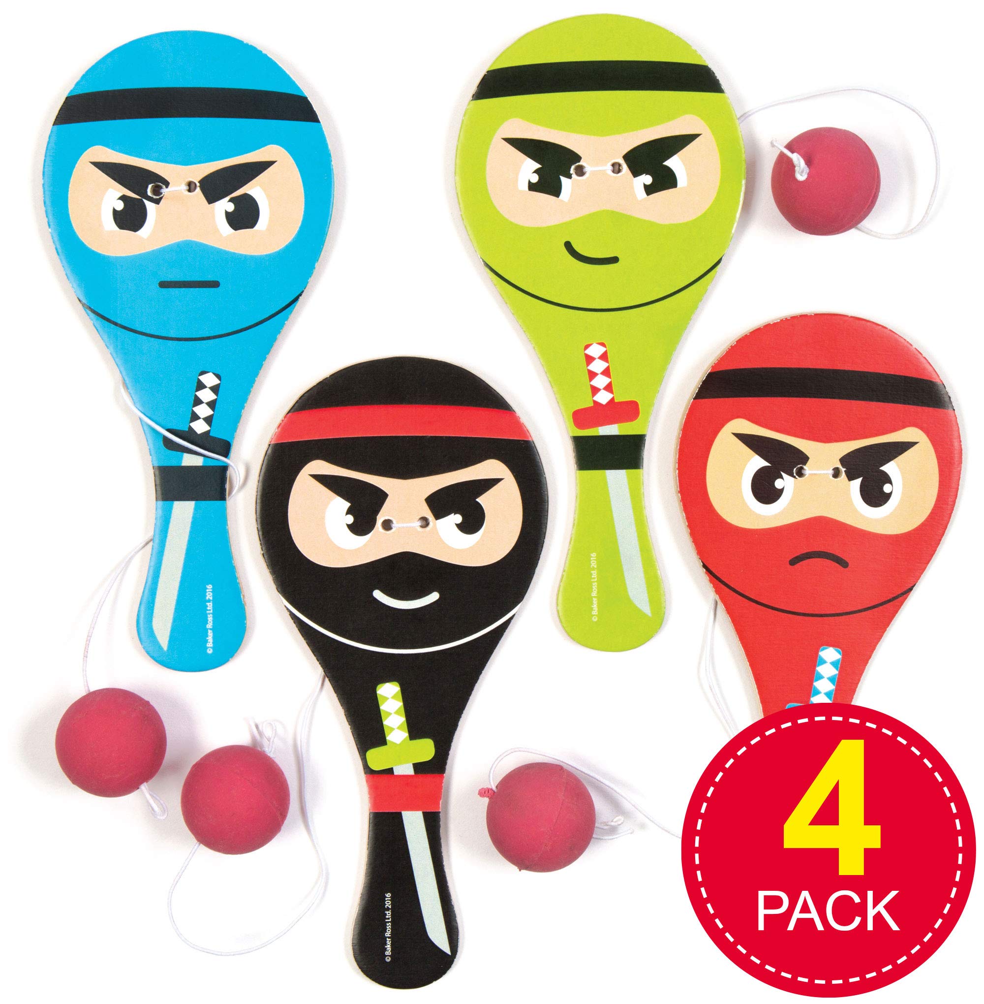 Baker Ross Ninja Paddle Bat and Ball Game - Assorted Designs (Pack of 4) | 15cm Wood Bat