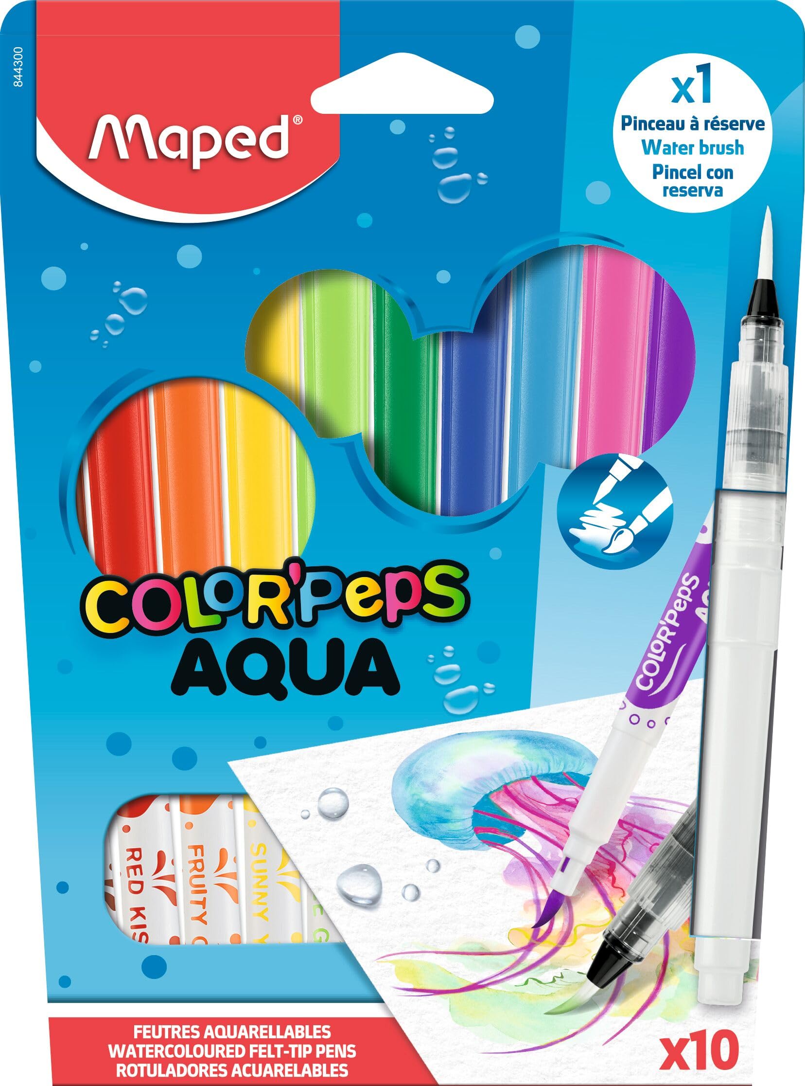 Maped Aqua Colouring Felt-Tip Pens - 10 Pack Watercolour Markers with Water Brush | Washable Ink