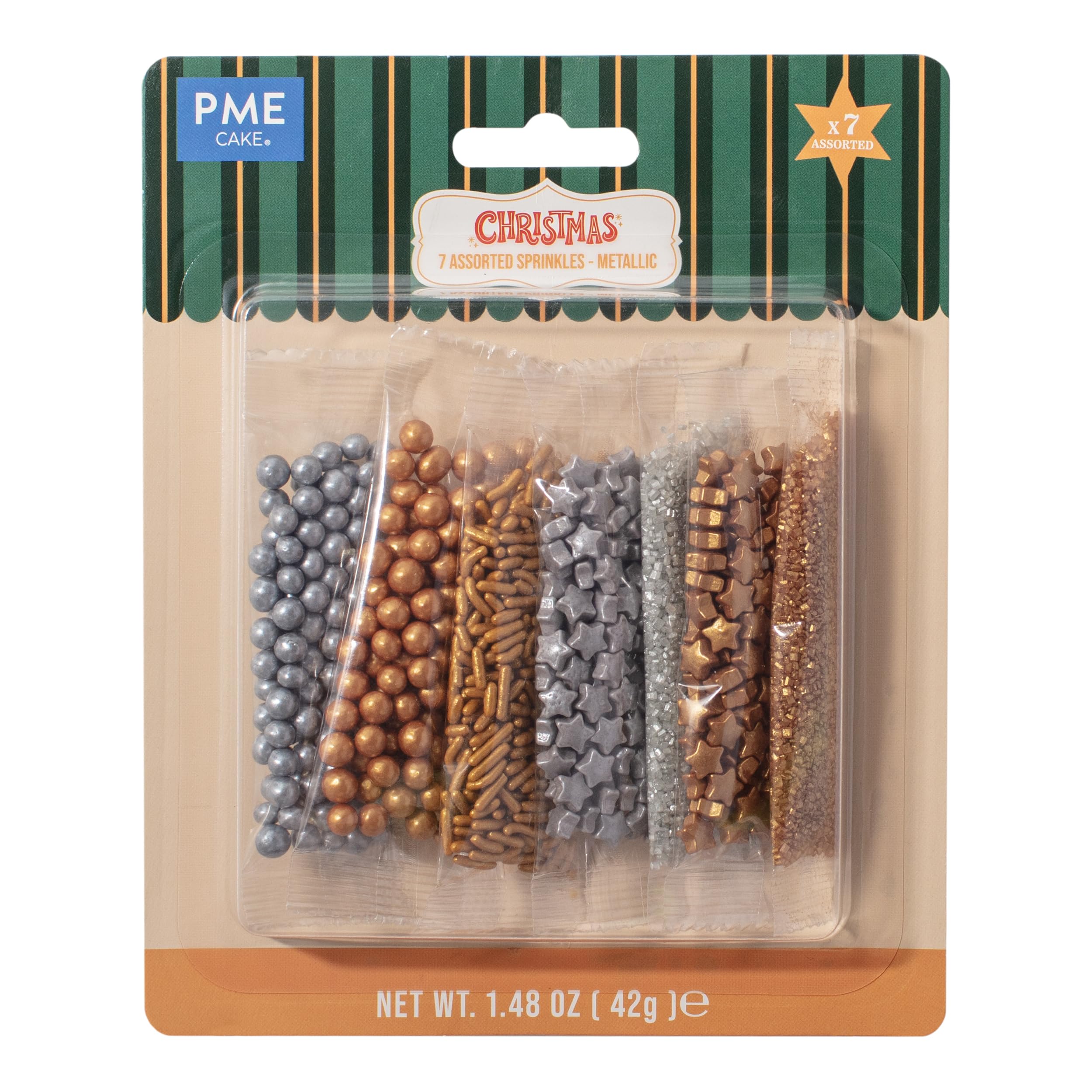 PME Cake Assorted Metallic Sprinkles - Pack of 7 Sachets | Edible Decorations for Baking | 42g