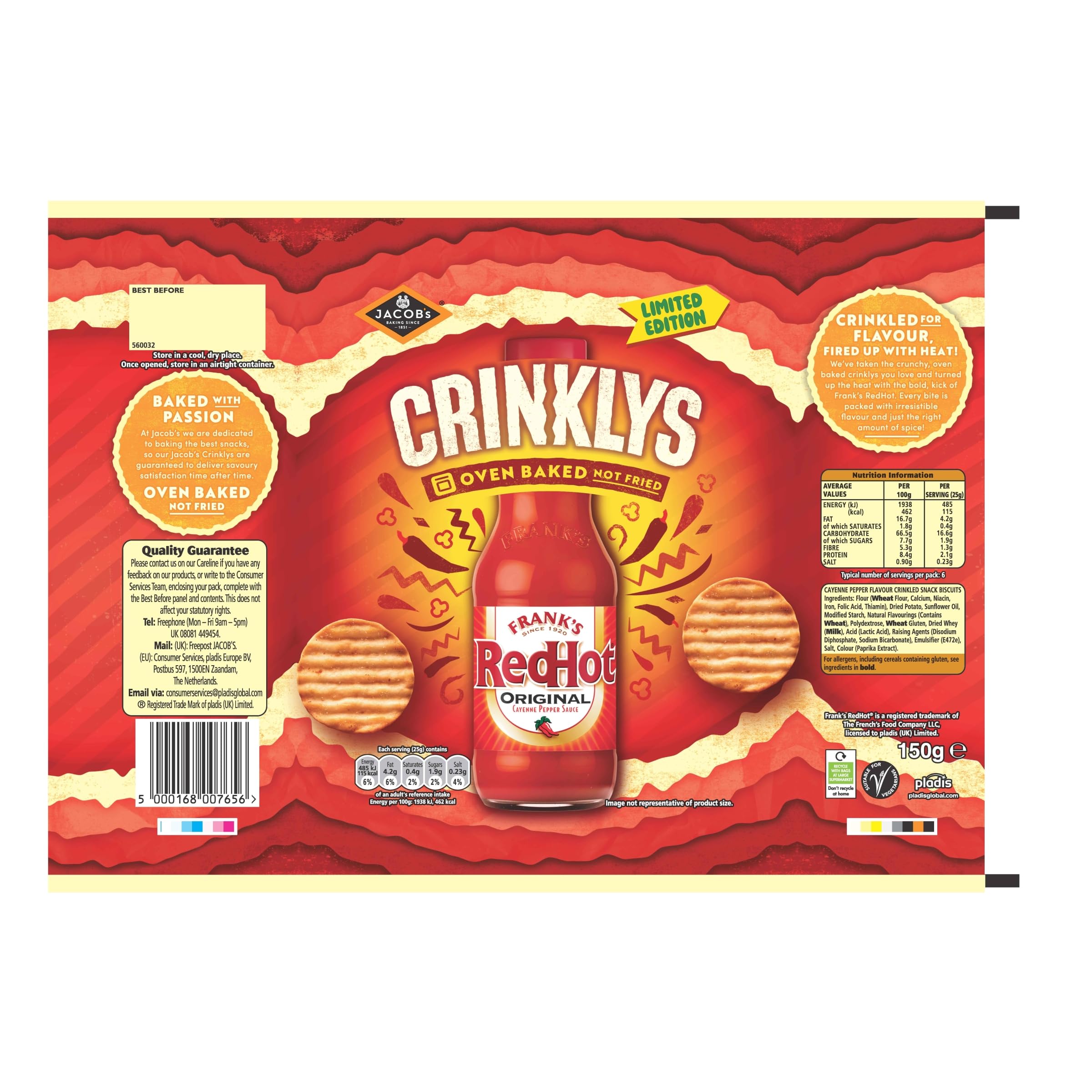 Jacob's Crinklys Franks Red Hot Original Baked Snacks Share Bag 150g 4