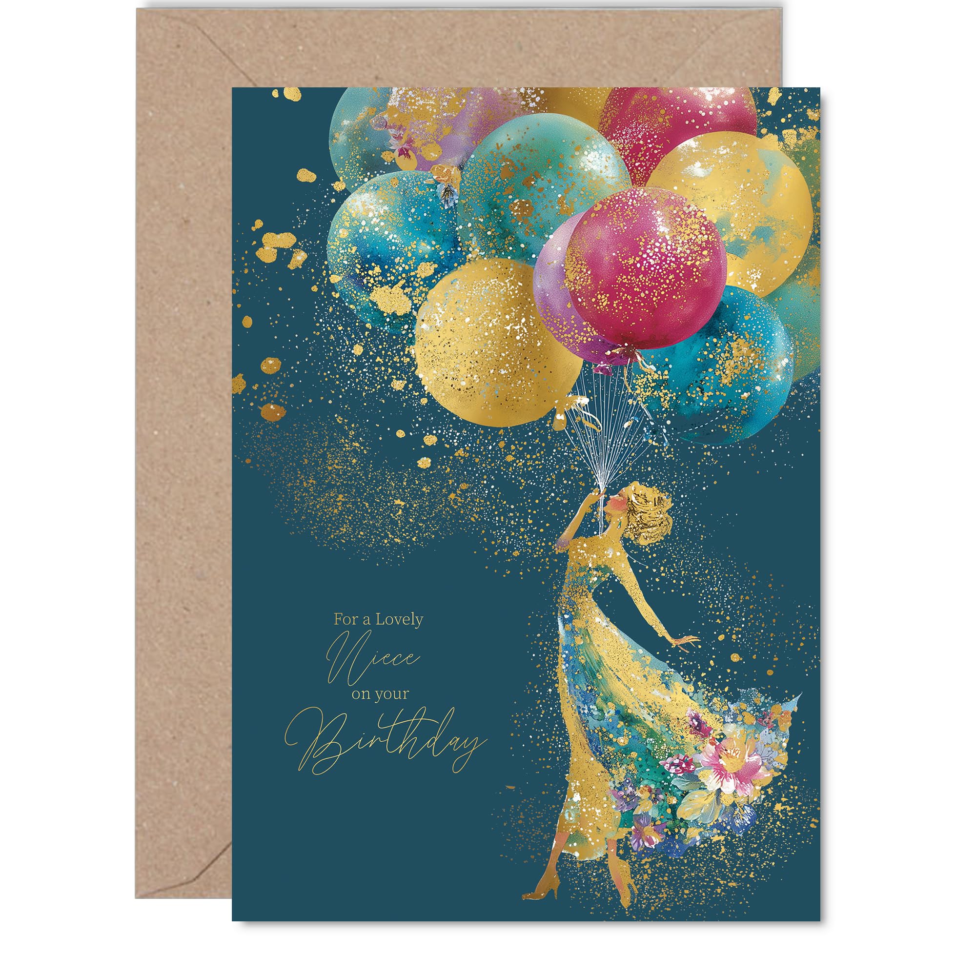 Giftzie Niece Birthday Card - Gold Silhouette Balloons | 127mm x 178mm | Uncoated Interior