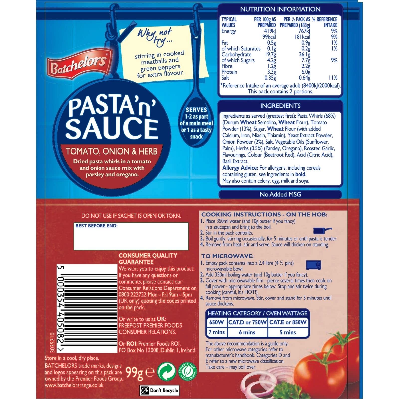 Batchelors Pasta 'n' Sauce Tomato, Onion & Herb Pasta Ready Meal, 99 g Pack of 7 2