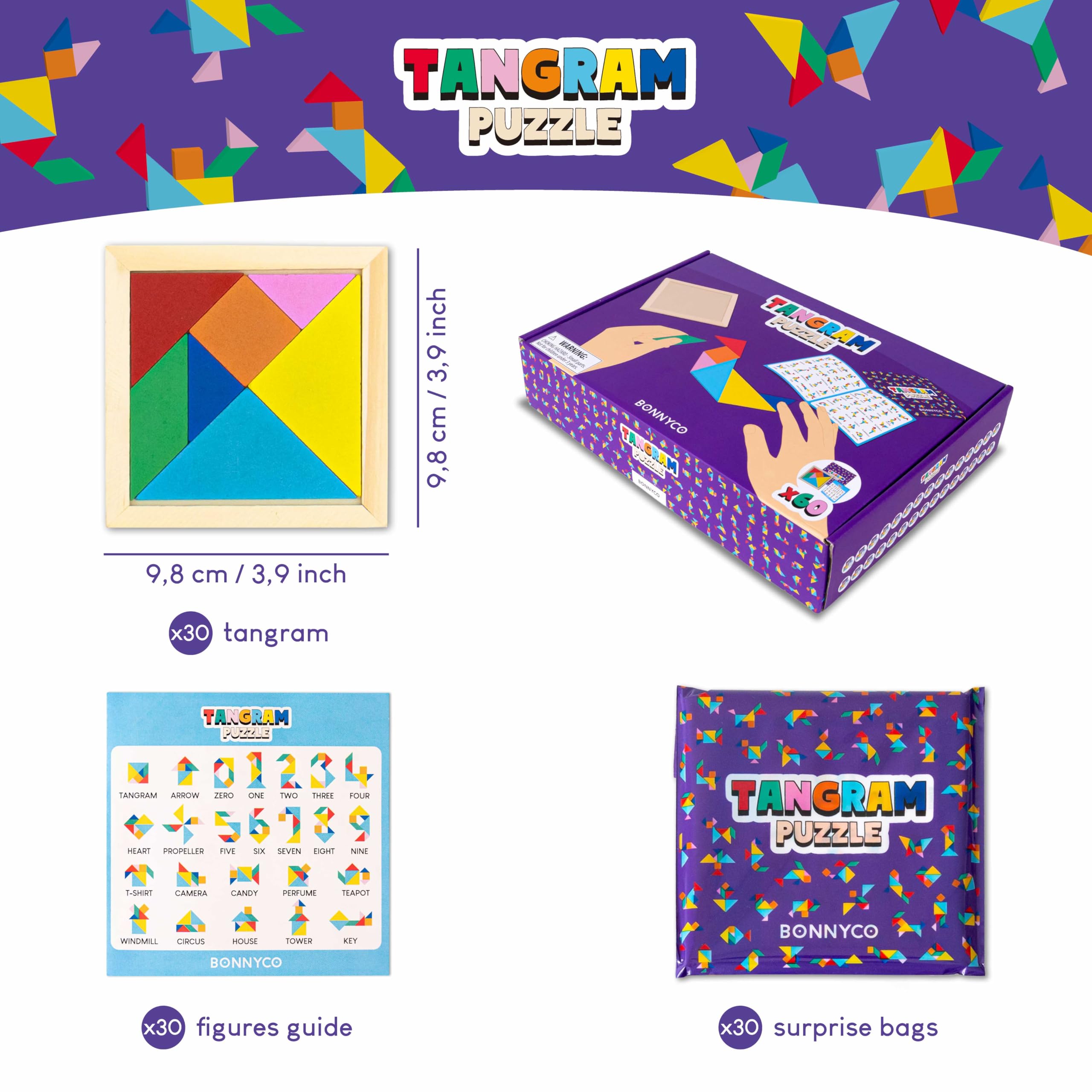 BONNYCO Tangram Puzzles - 30 Pack | Unisex Kids Party Favours | Wooden Educational Toy