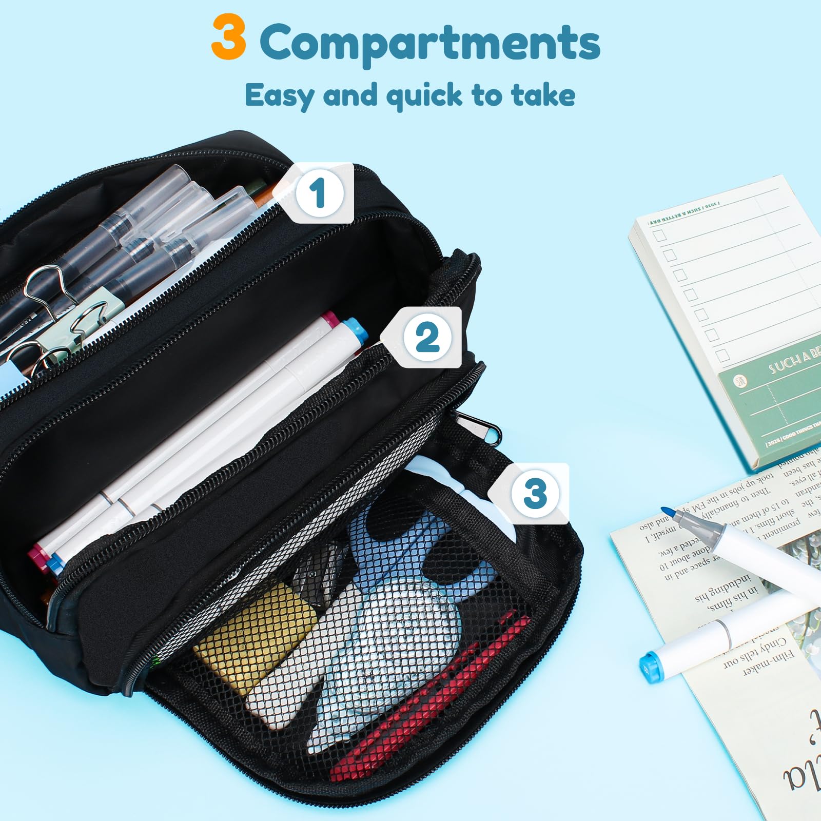 Euqvunn Black Pencil Case - Large Capacity 3 Compartment Organizer | 21x8x13CM | Polyester
