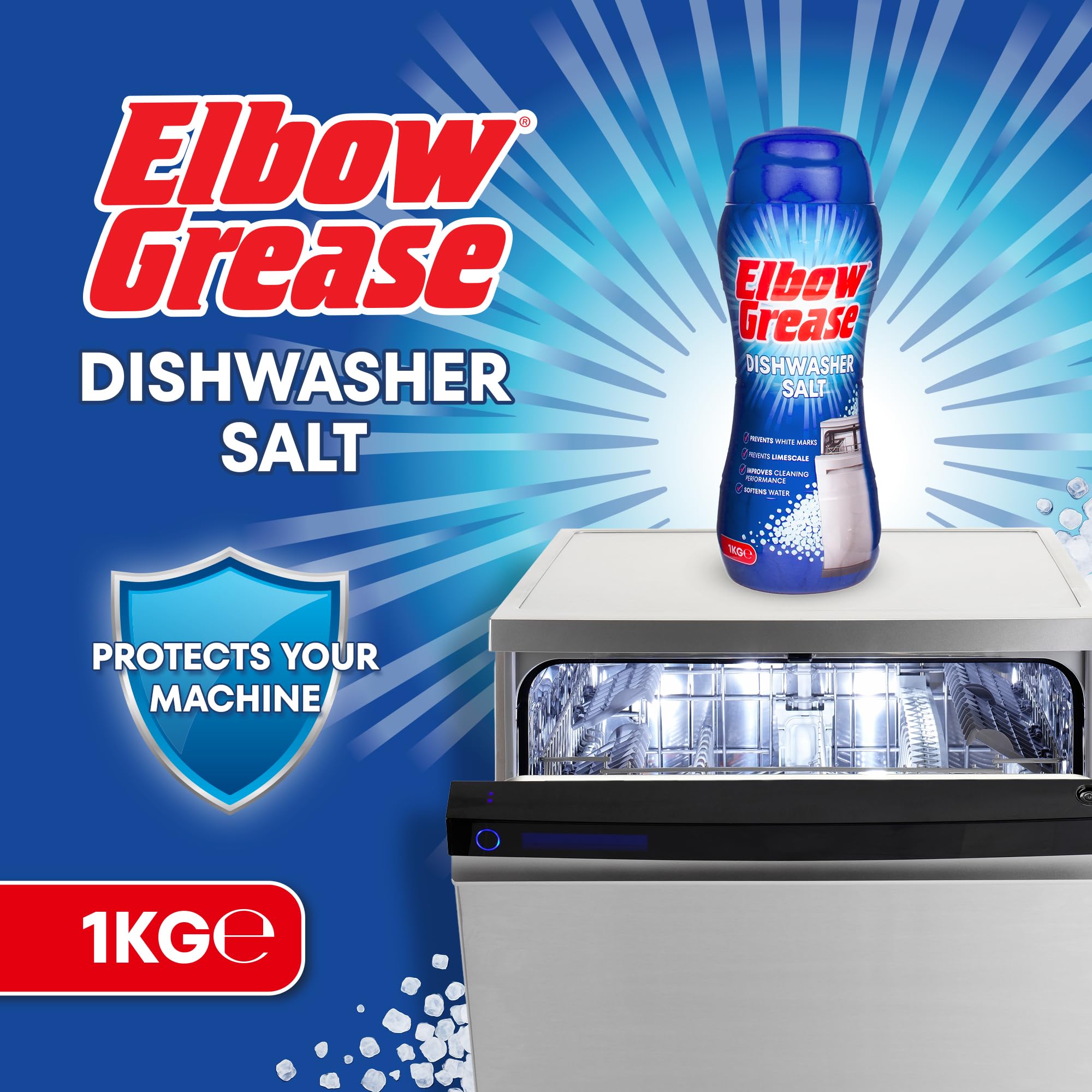 Elbow Grease Dishwasher Salt - 1kg Tub | Prevents Limescale & White Marks | For All Dishwashers