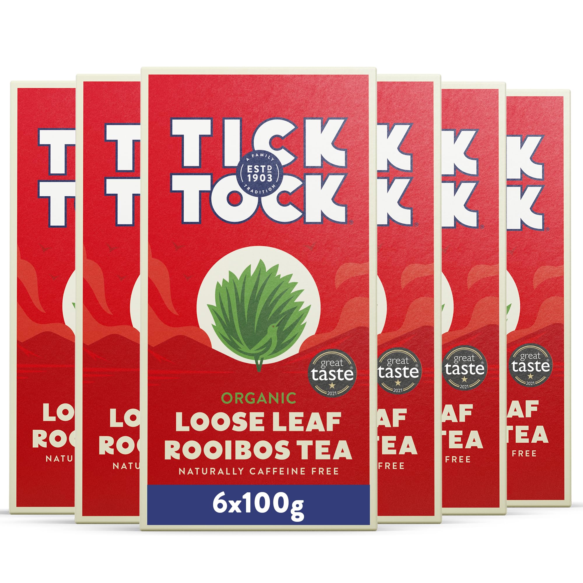 Tick Tock Organic Rooibos Loose Leaf Tea - Caffeine-Free Herbal Redbush | 600g (6 x 100g Packs) 1