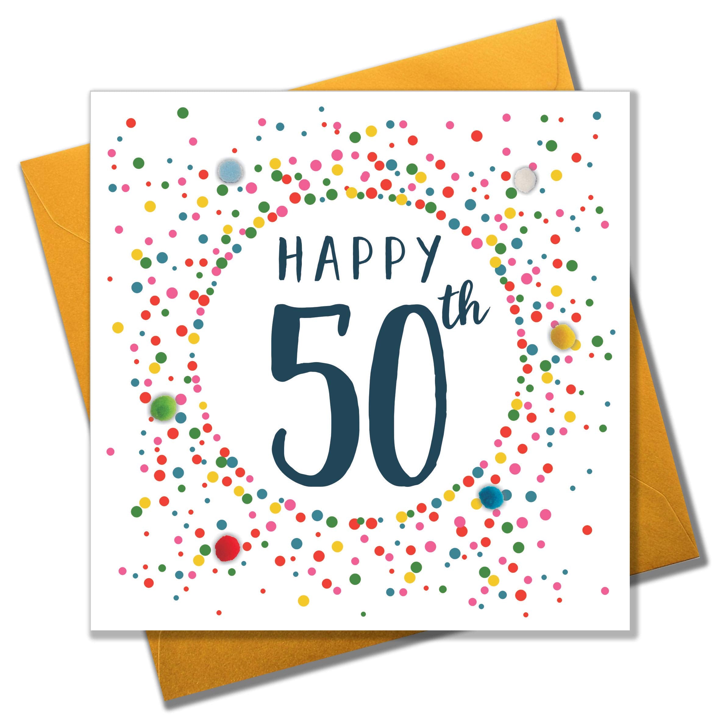 Claire Giles Greeting Cards - Dotty Age 50 Birthday Card with Colourful Pompoms | 150x150mm 1