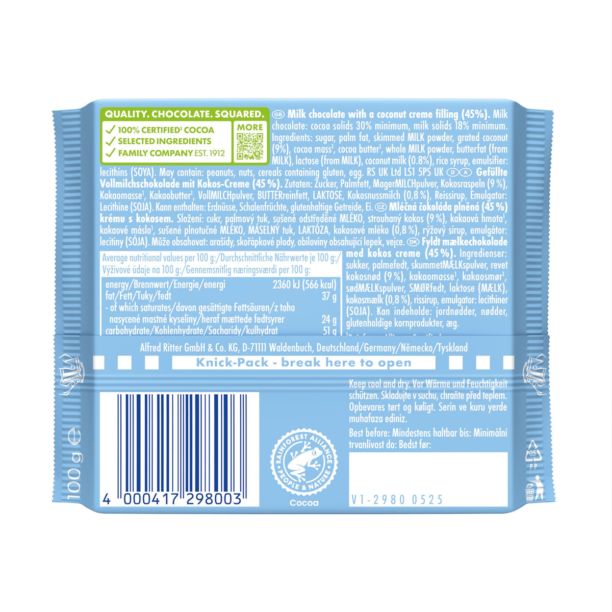 Ritter Sport Coconut Milk Chocolate Bar - 100g Sharing Bar