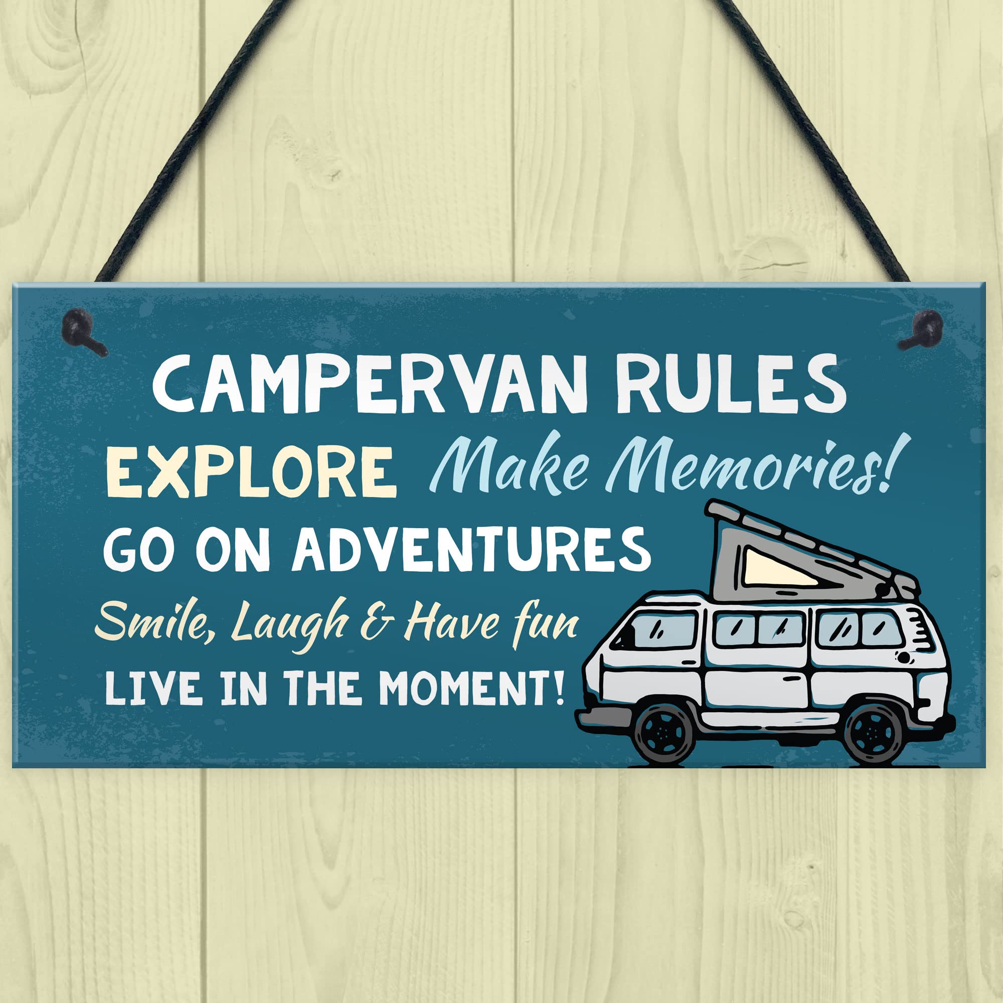 RED OCEAN Campervan Rules Hanging Door Plaque - Blue PVC | 200x100mm | Handmade in England