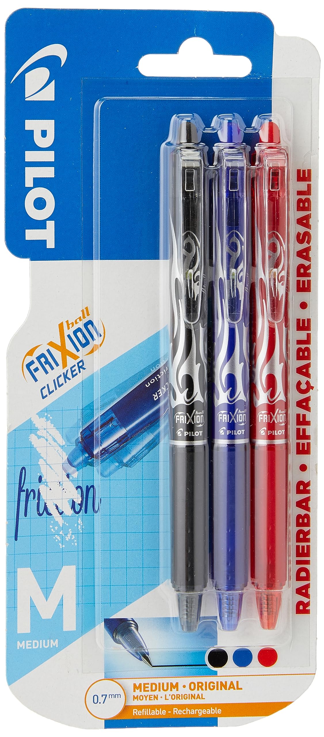PILOT Frixion Clicker Retractable Erasable Rollerball Pen - 0.7 mm Tip | Pack of 3 Black/Blue/Red