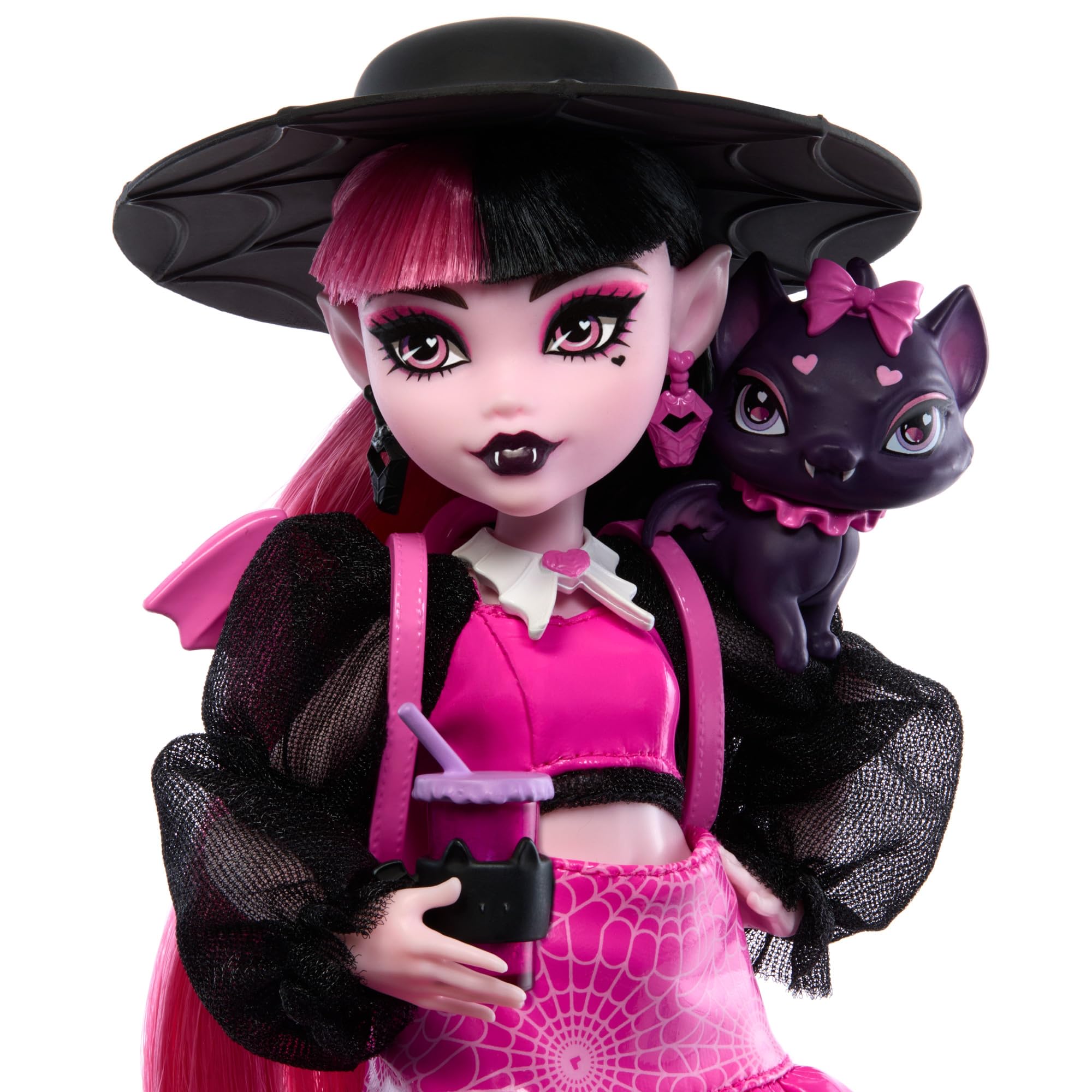 Monster High Draculaura Doll - 15 cm, Ages 4+, Pink and Black Outfit with Pet Bat-Cat 3
