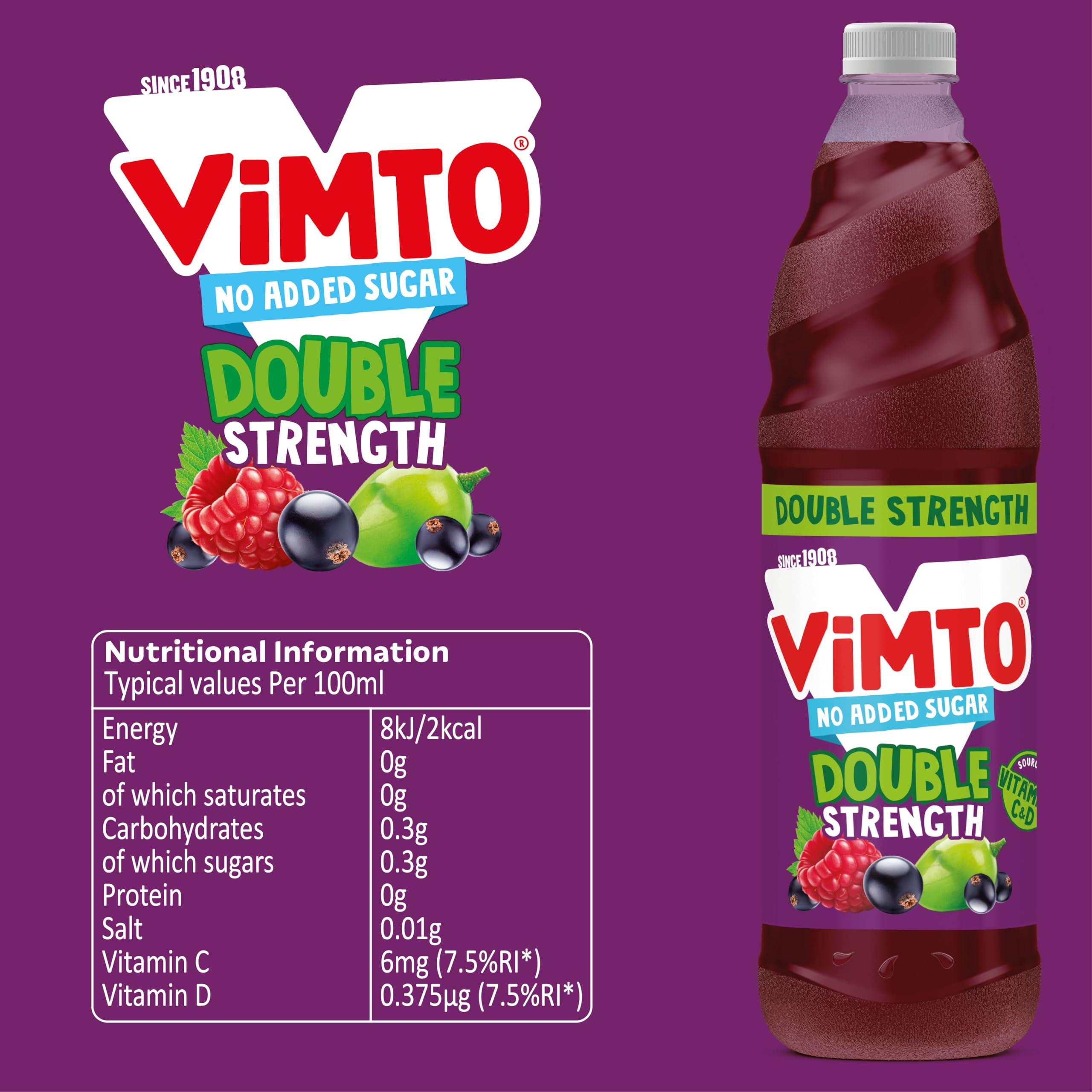 Vimto Original No Added Sugar Double Concentrate Fruit Squash | 725 ml | Source of Vitamins C & D