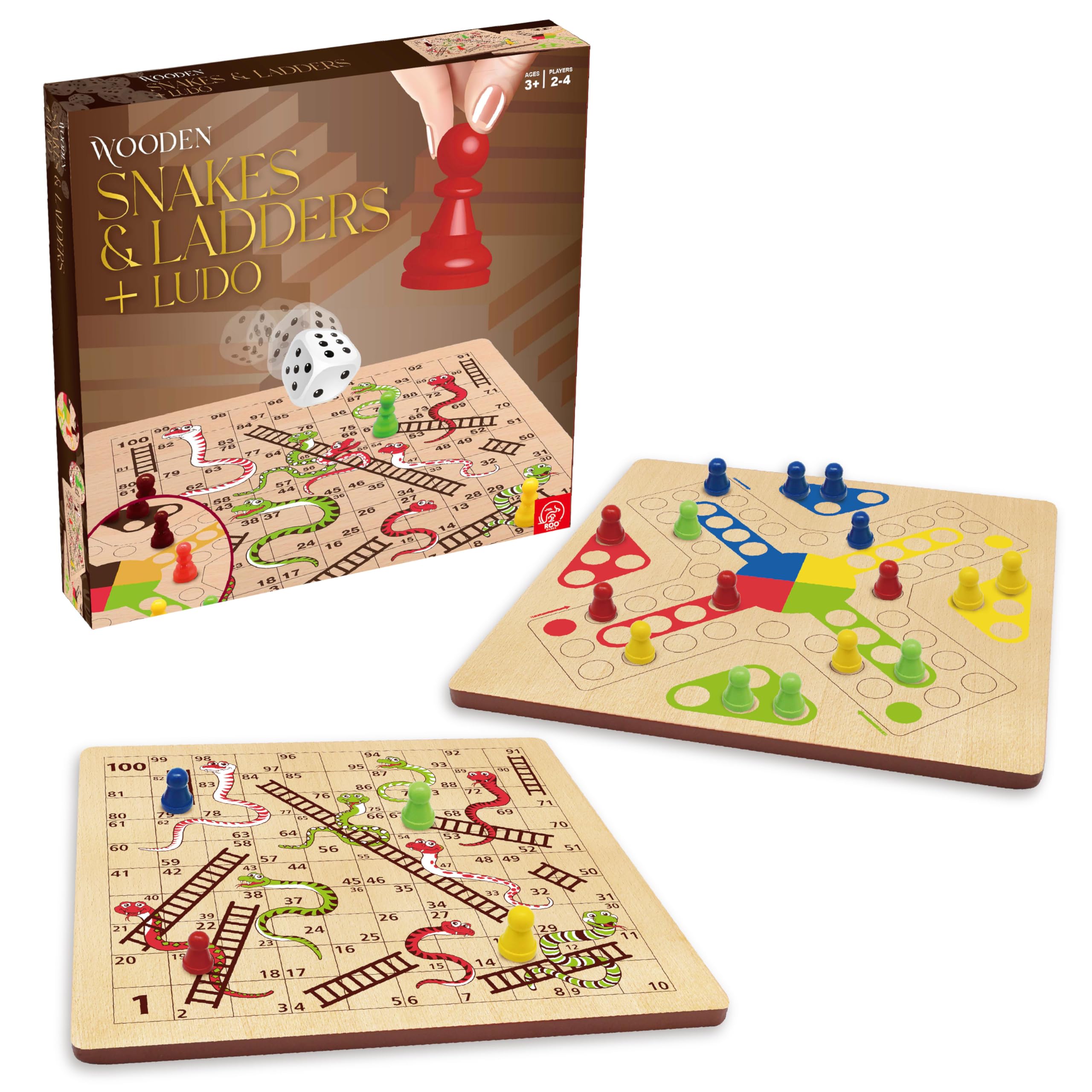 ROO GAMES Wooden Snakes and Ladders + Ludo Board Game - 2-in-1 Classic Family Game | 2-4 Players | Ages 3+