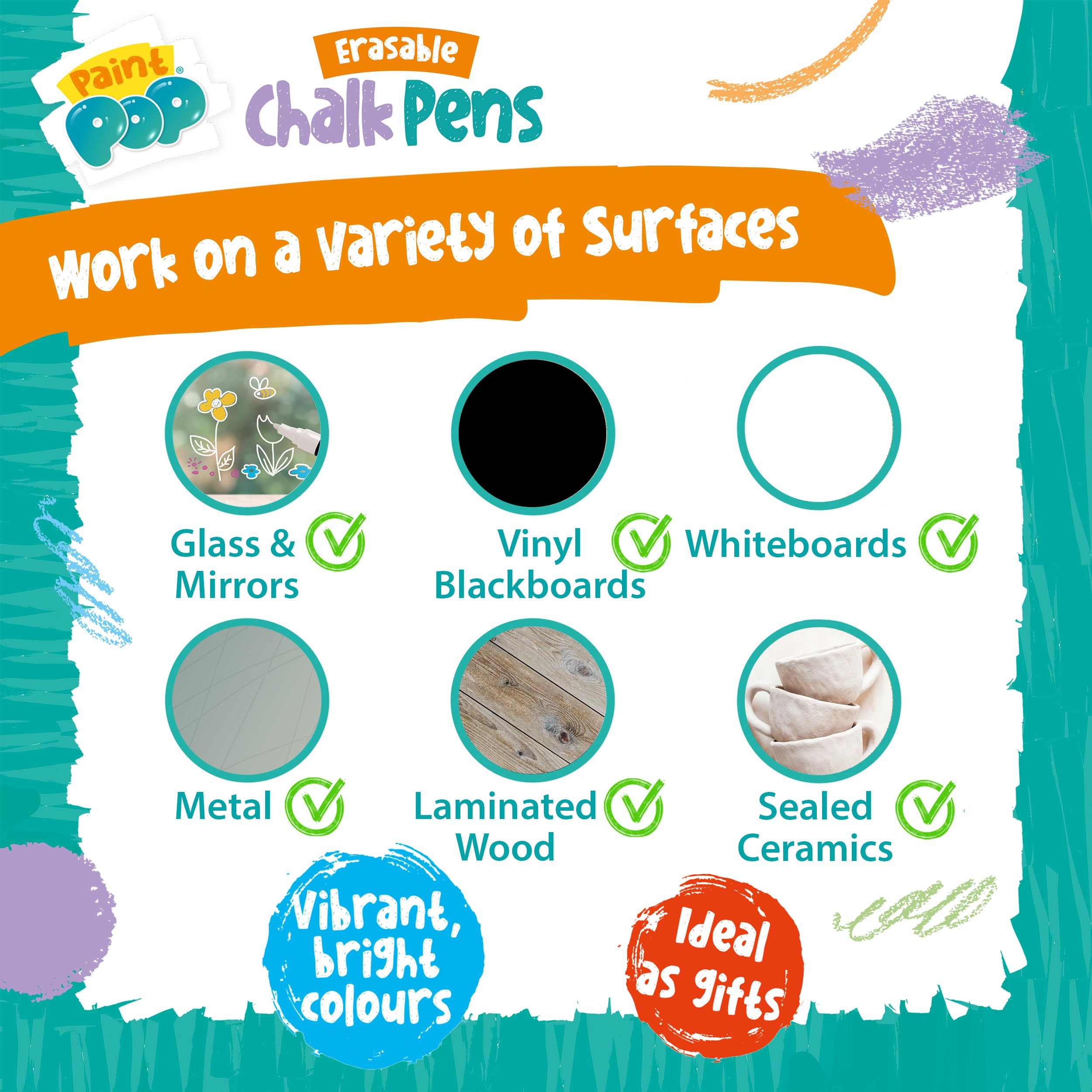 Paint Pop Erasable Liquid Chalk Pens - Mess Free Fine Tip for Glass & Whiteboards | 10 Assorted Colours 6