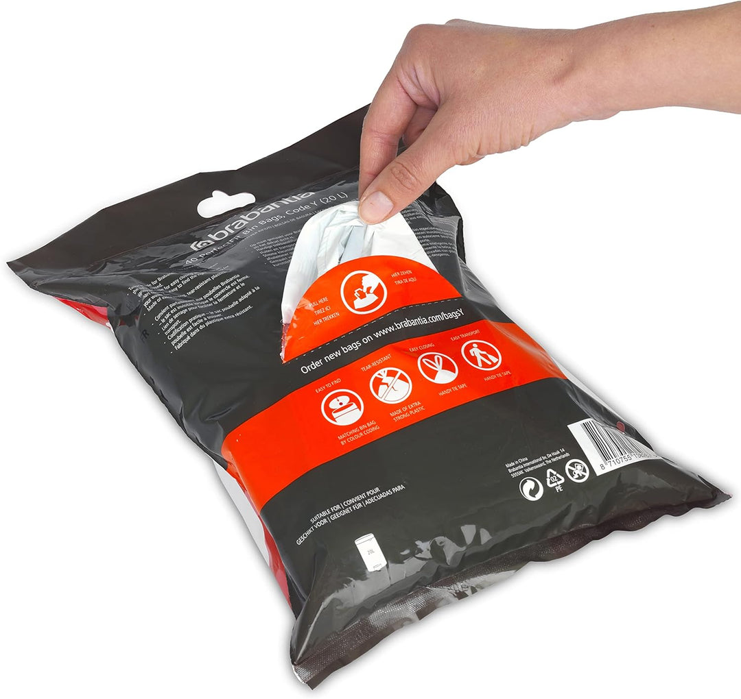 Brabantia PerfectFit Bin Liners Size Y/20 Litre - Thick Tear-Resistant Trash Bags with Tie-Tape