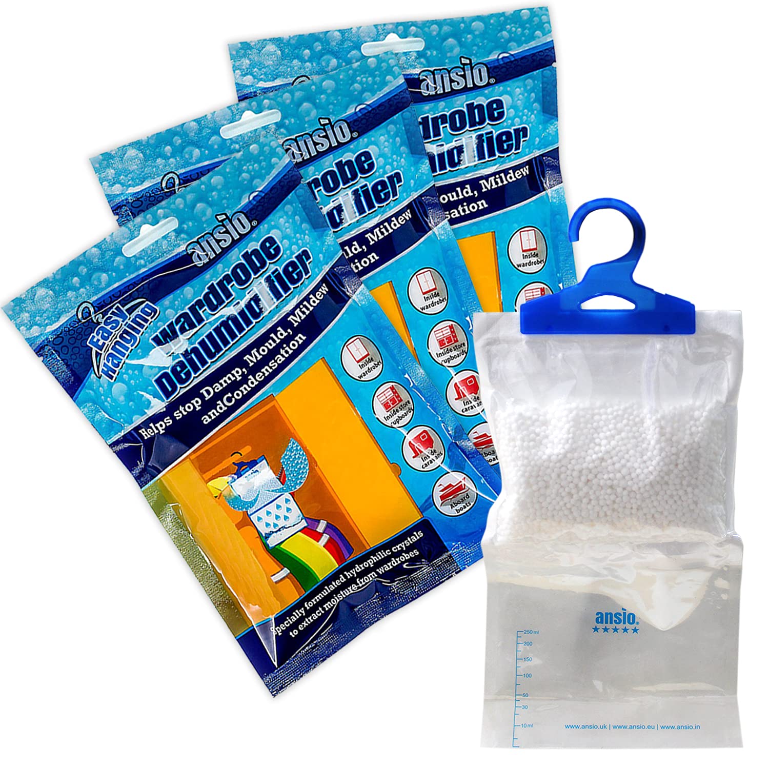 ANSIO Wardrobe Dehumidifier Disposable Hanging Bags - Pack of 3 | Absorbs Damp & Condensation