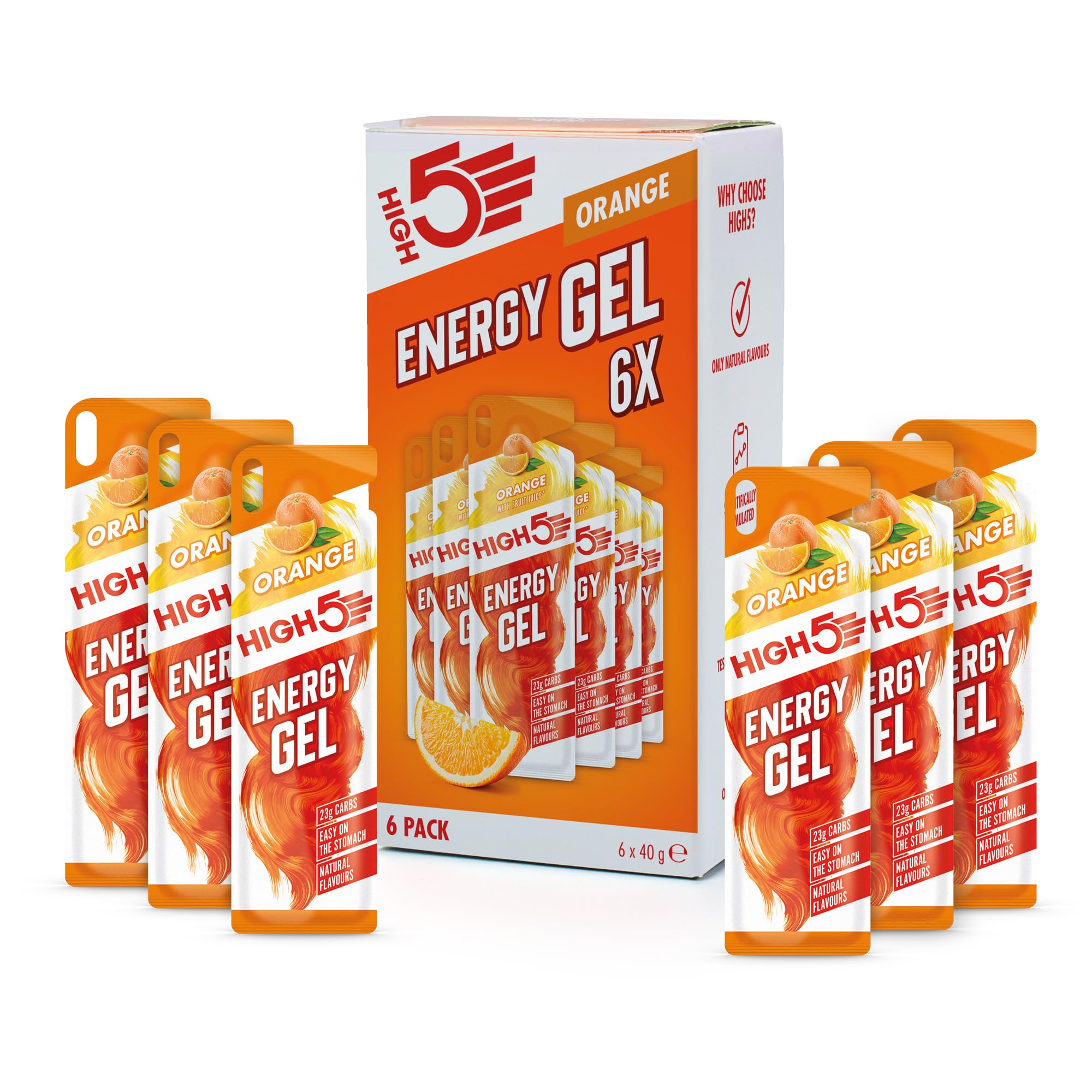 HIGH5 Energy Gel - 6 x 40g Pack | 23g Carbs per Sachet | Natural Orange Flavor 1