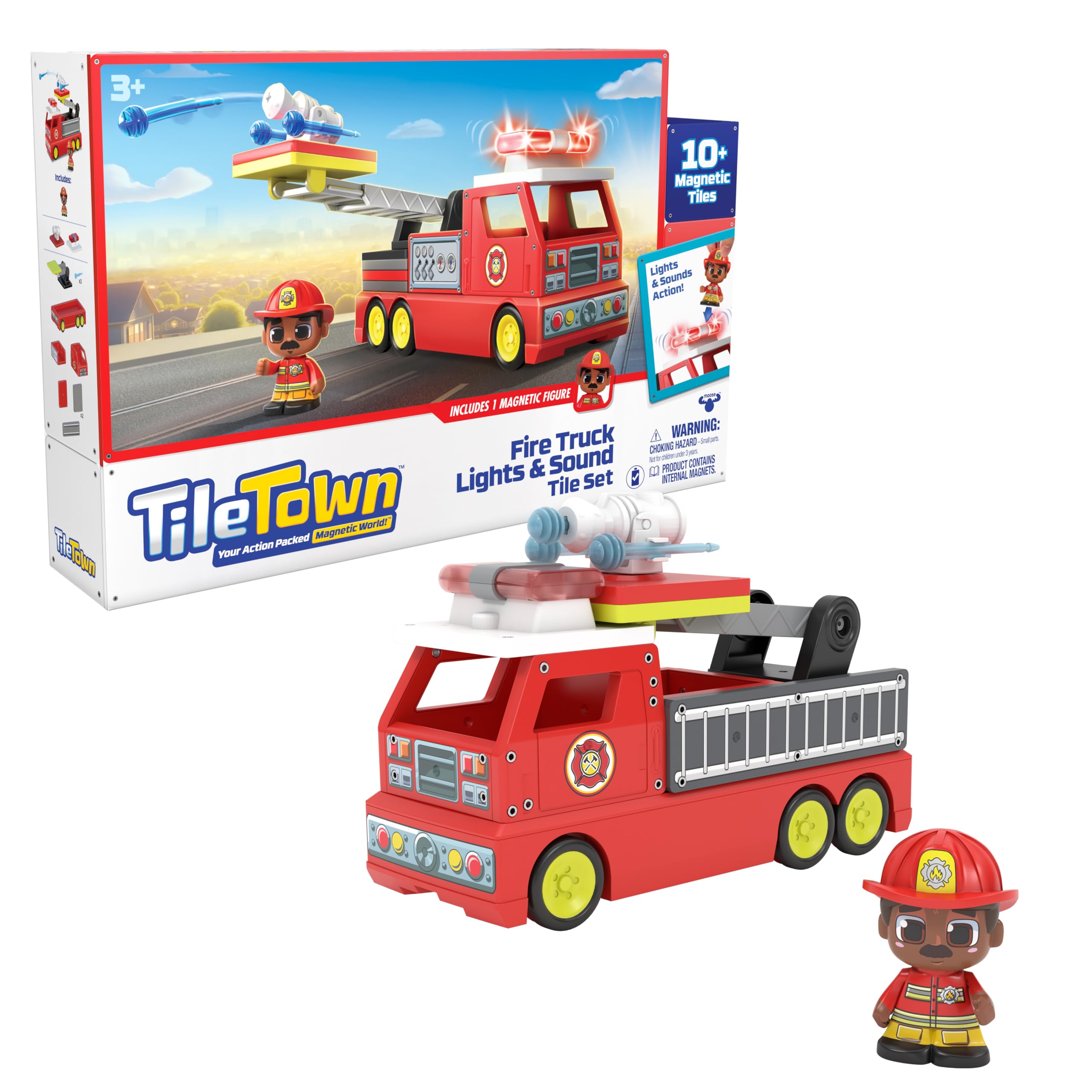 Tile Town Firetruck Magnetic Tiles Building Vehicle Playset with Lights & Sounds - 18-Piece STEM Set for Ages 3+ 1