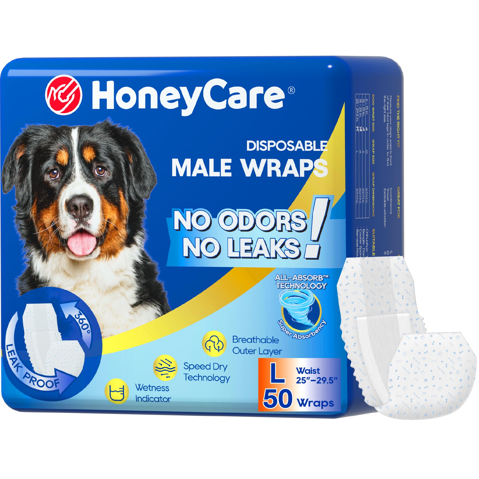 HONEY CARE All-Absorb A24 Male Dog Wraps - Large Size, 50 Count, Blue and White